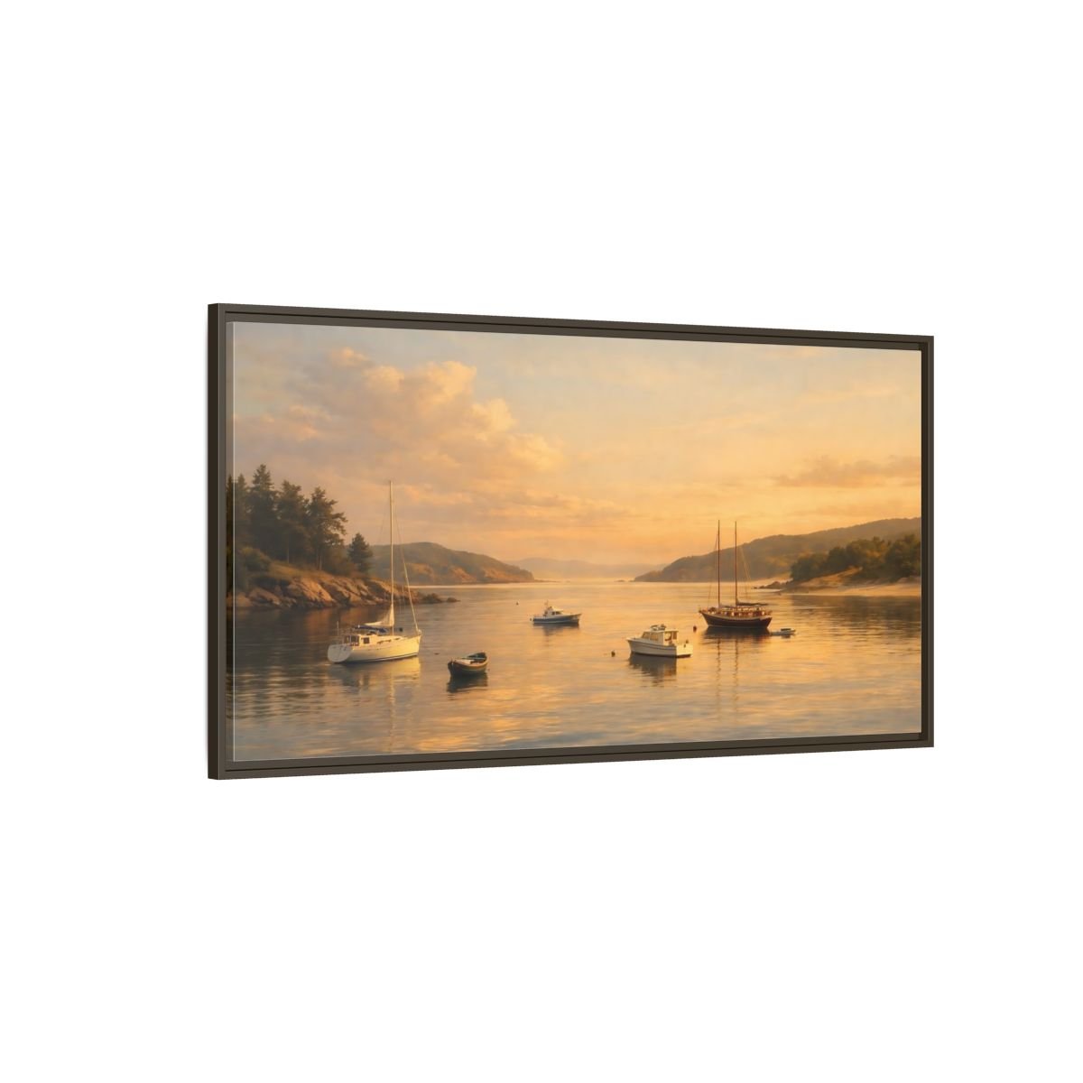 Landscape Nature Boats Coastal Sunset - Framed Canvas Wall Art Print - YesArtYes