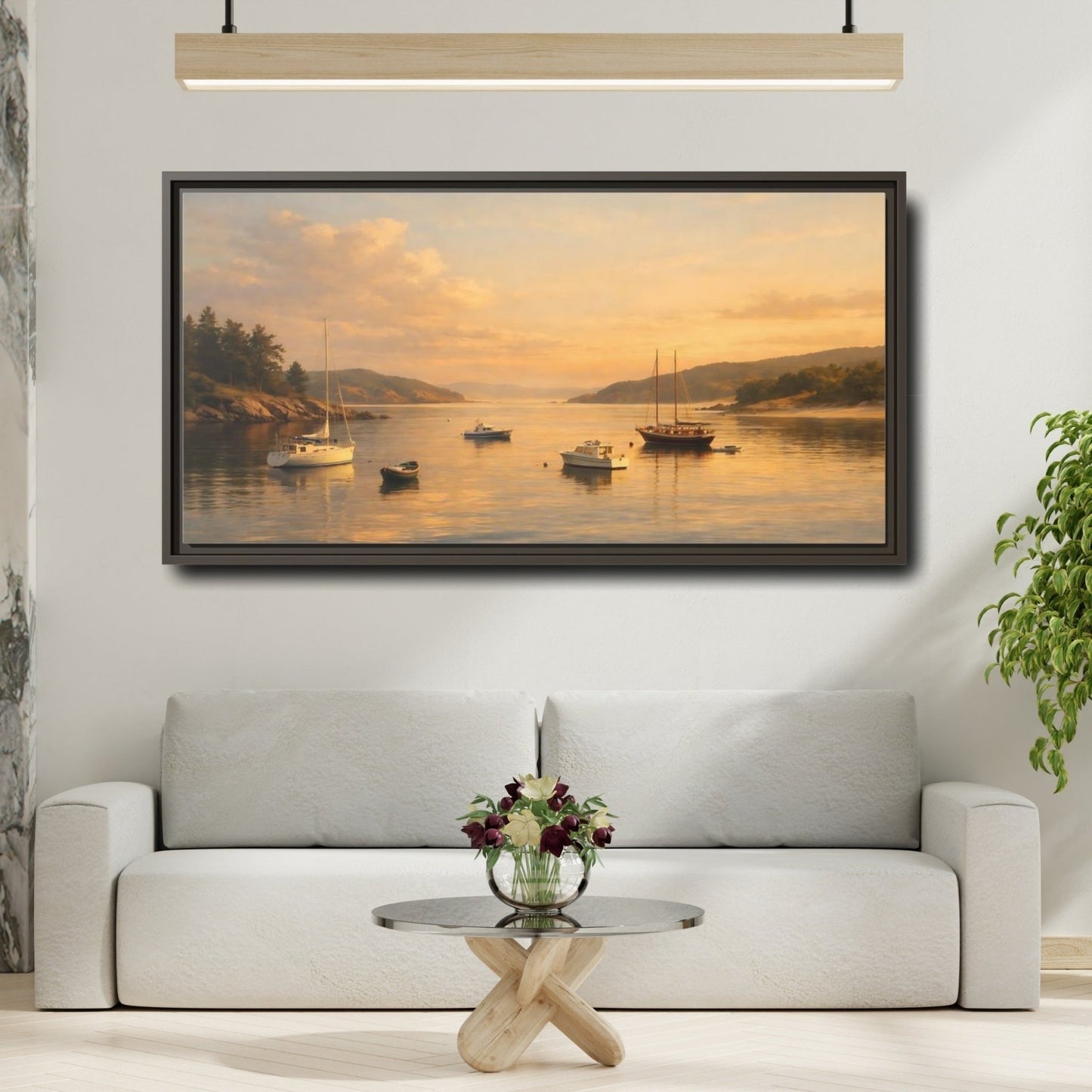Landscape Nature Boats Coastal Sunset - Framed Canvas Wall Art Print - YesArtYes
