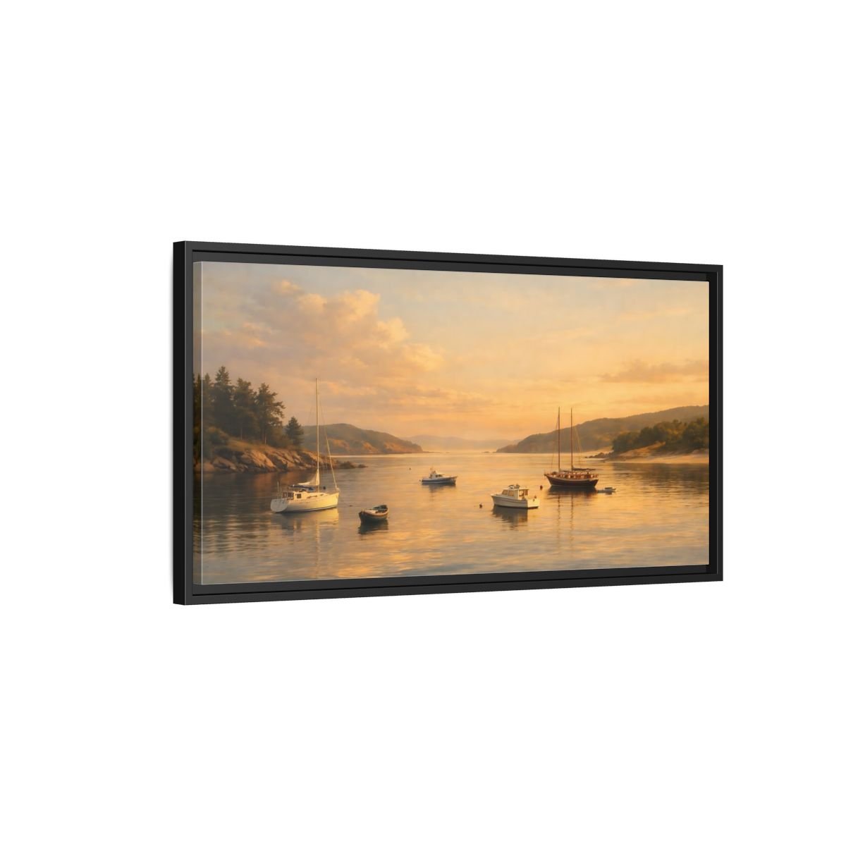 Landscape Nature Boats Coastal Sunset - Framed Canvas Wall Art Print - YesArtYes