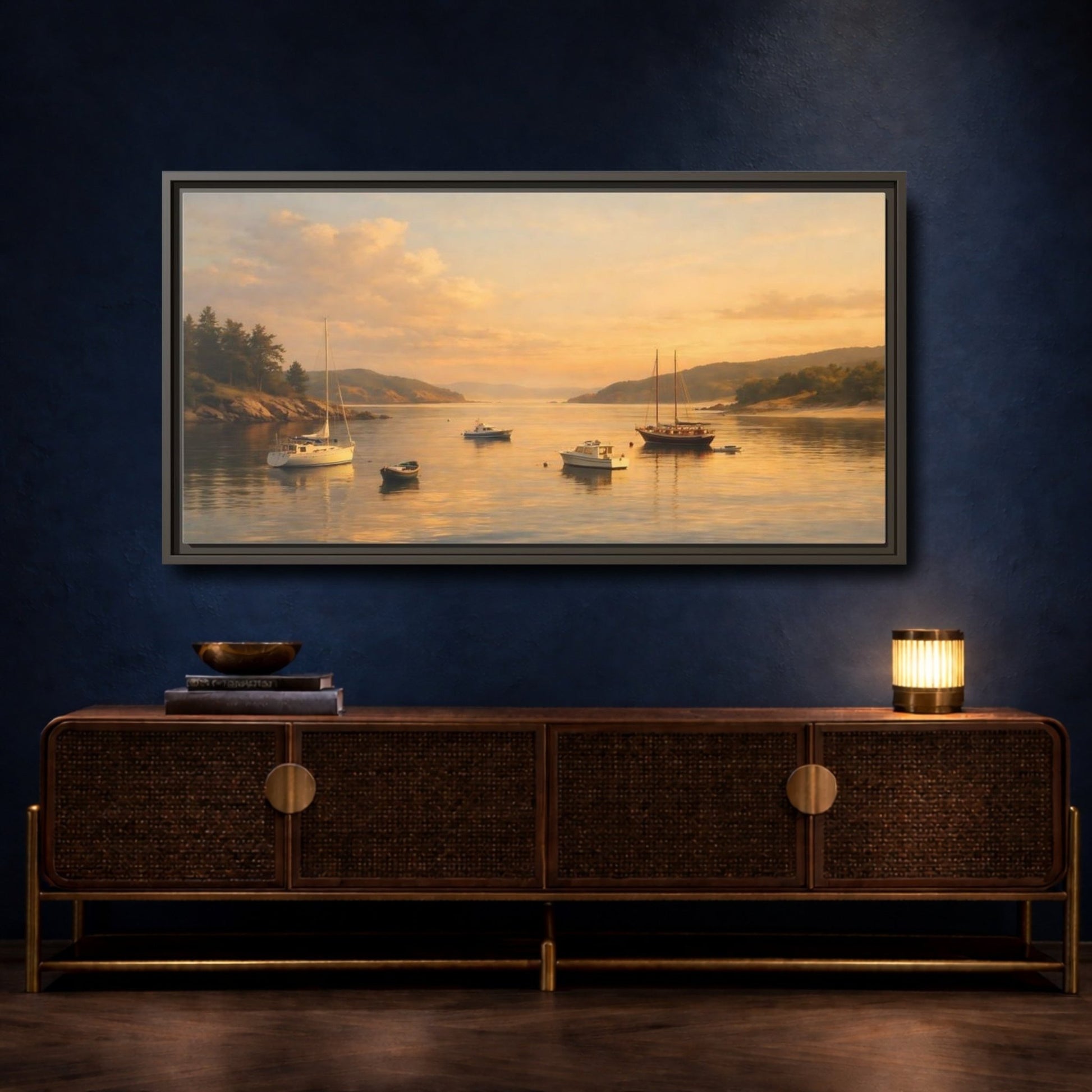 Landscape Nature Boats Coastal Sunset - Framed Canvas Wall Art Print - YesArtYes