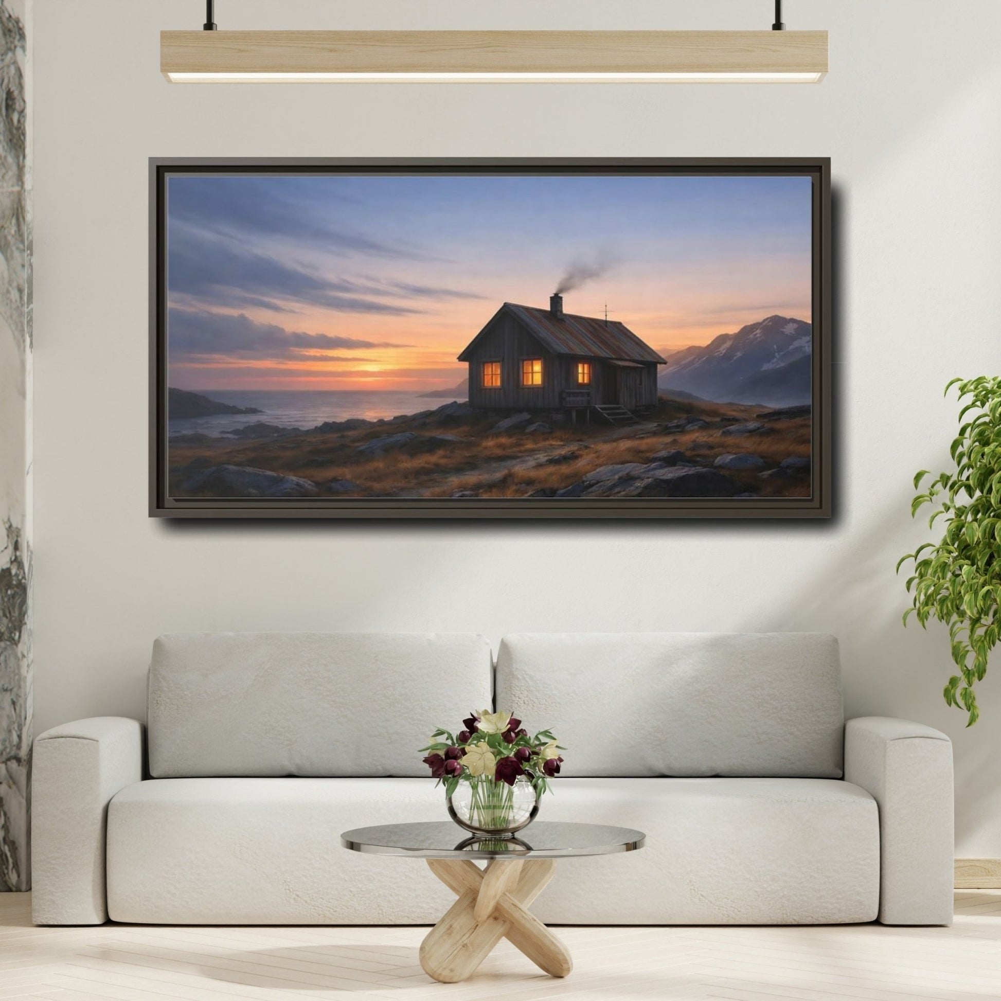 Landscape Nature Cabin Sunset - Framed Canvas Wall Art Print - YesArtYes