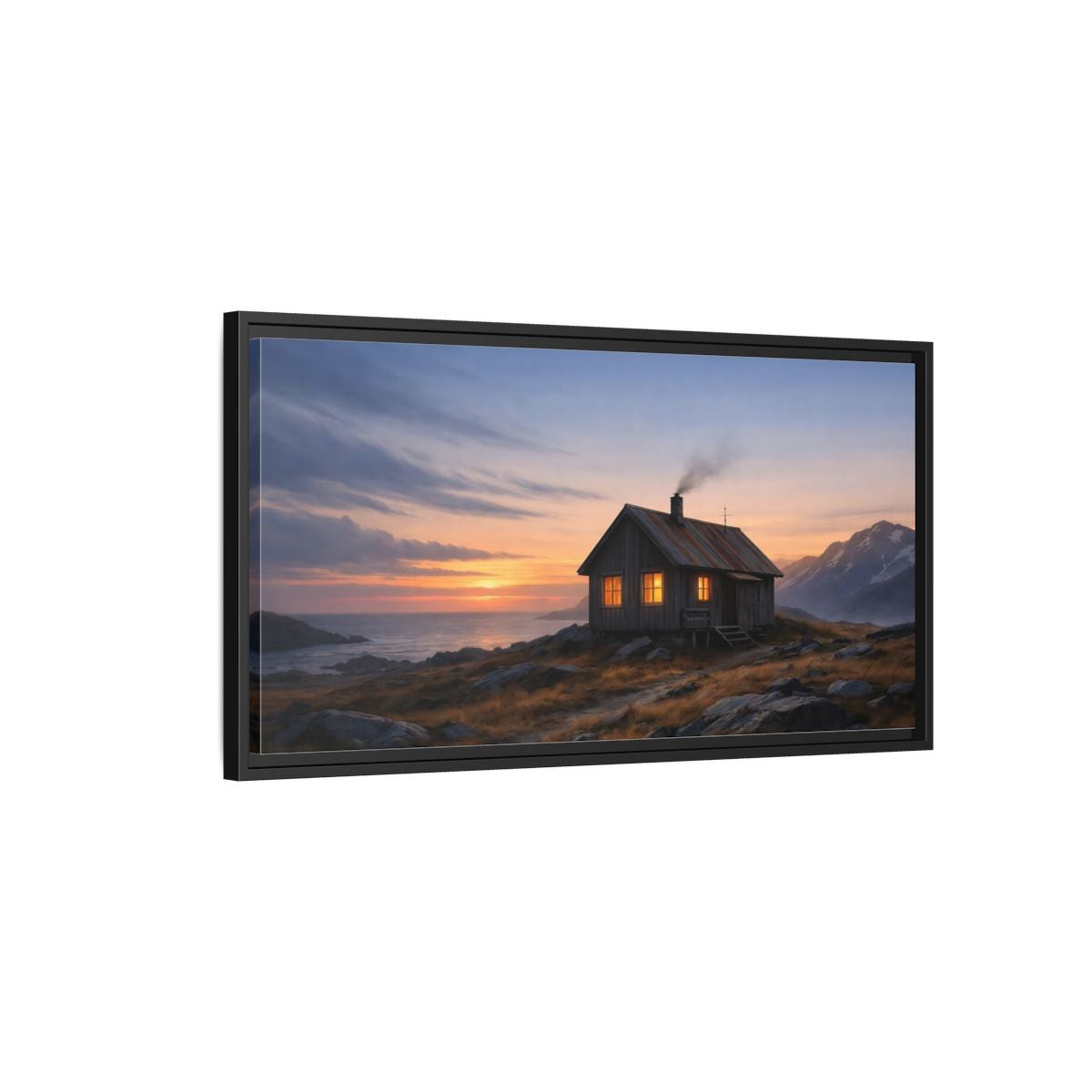 Side Mockup 2. Nature Cabin Sunset Cabin shown as stretched canvas wall art