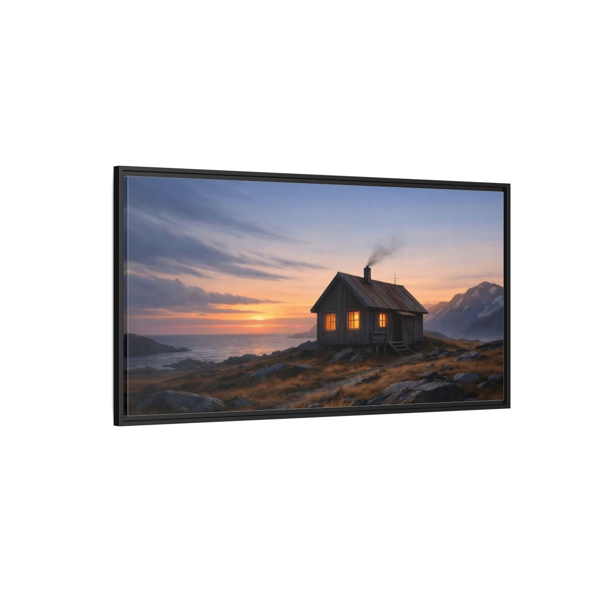 Side Mockup 5. Nature Cabin Sunset Cabin shown as stretched canvas wall art