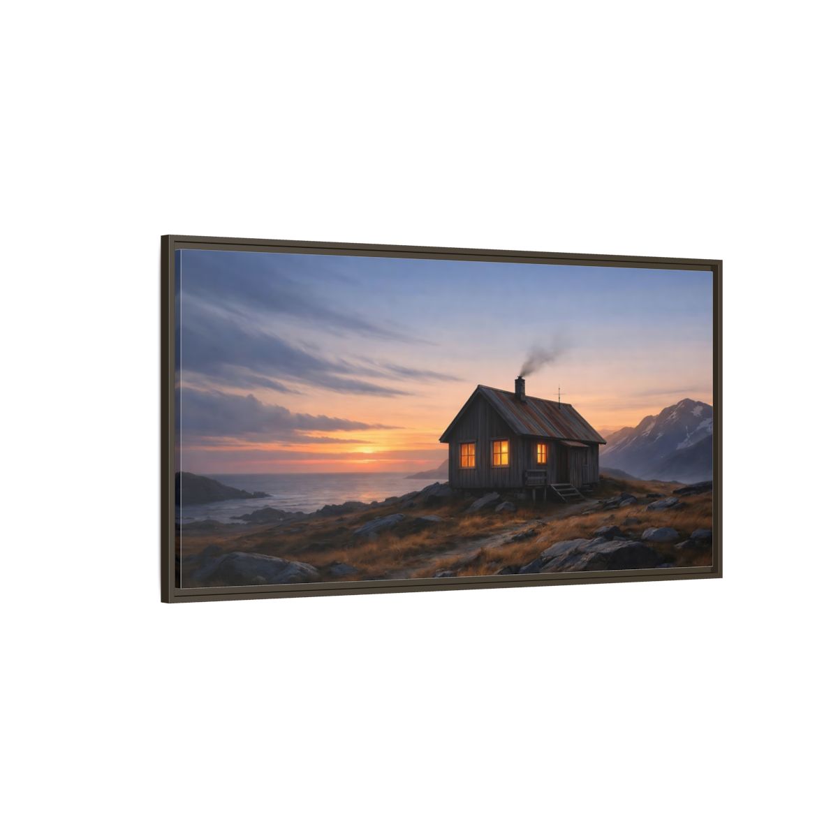 Side Mockup 4. Nature Cabin Sunset Cabin shown as stretched canvas wall art