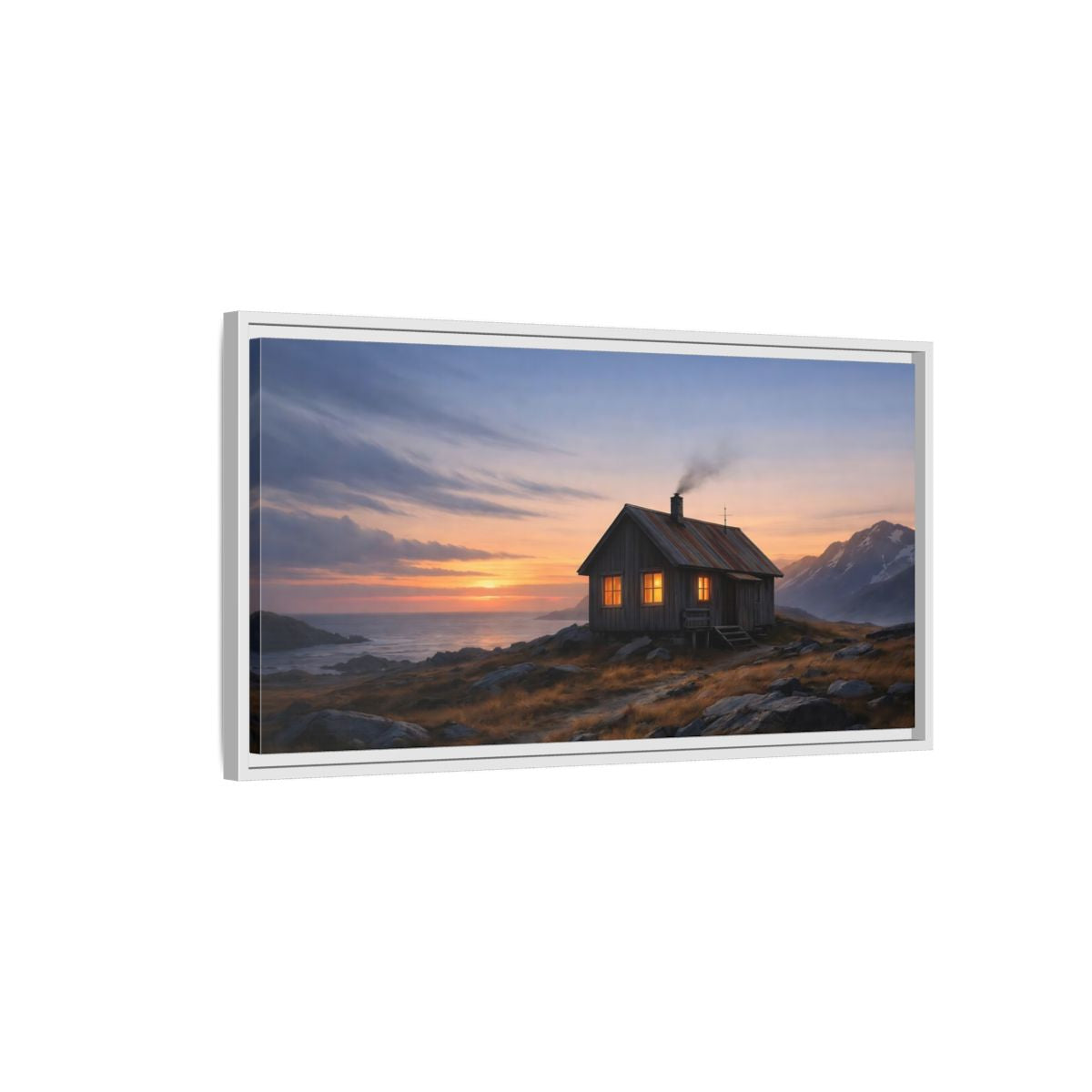 Side Mockup 1. Nature Cabin Sunset Cabin shown as stretched canvas wall art