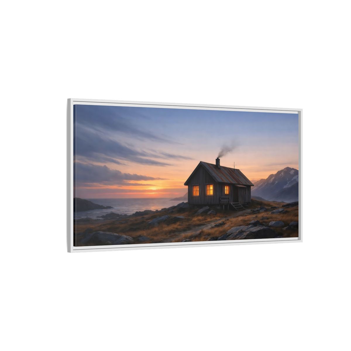 Side Mockup 3. Nature Cabin Sunset Cabin shown as stretched canvas wall art