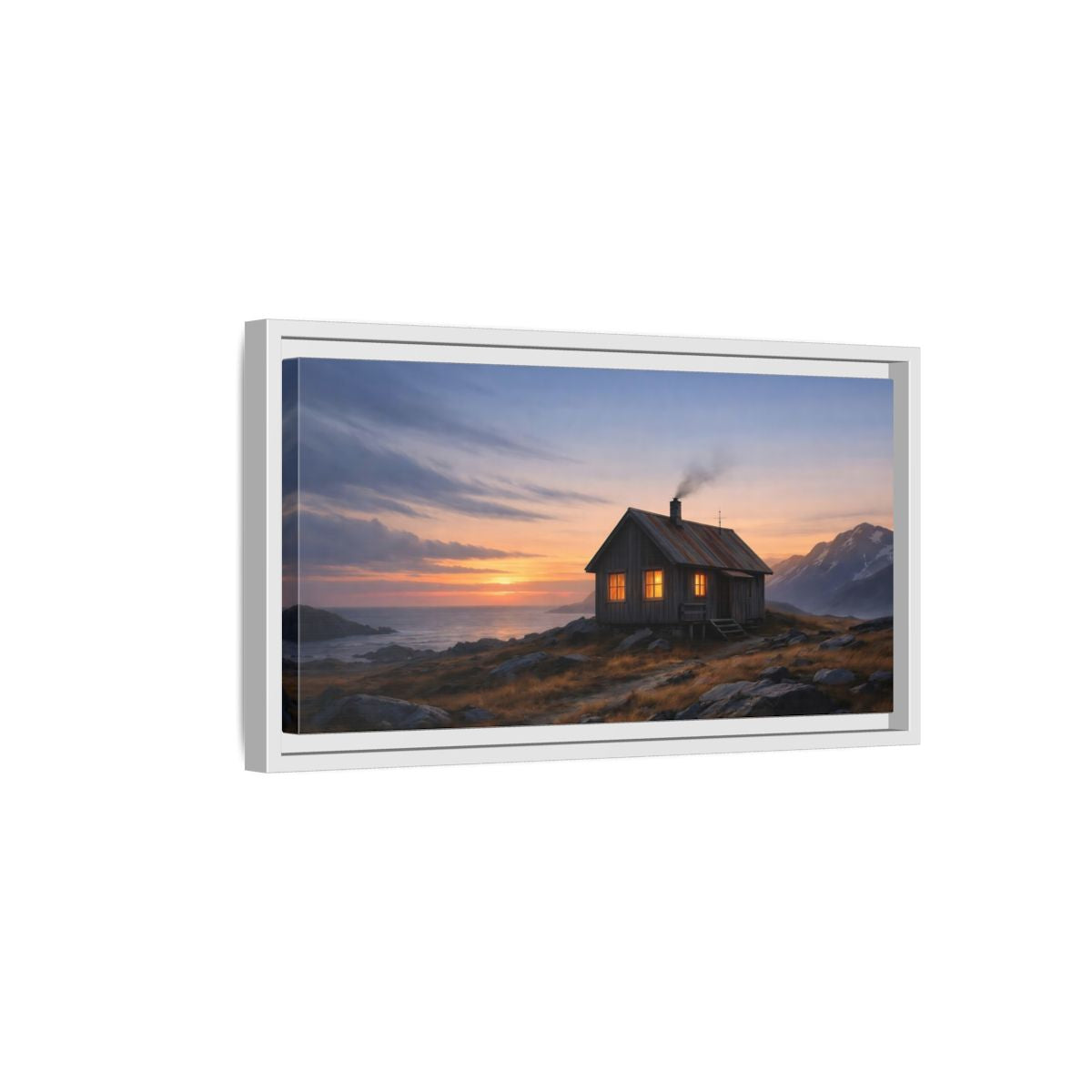 Side Mockup 6. Nature Cabin Sunset Cabin shown as stretched canvas wall art