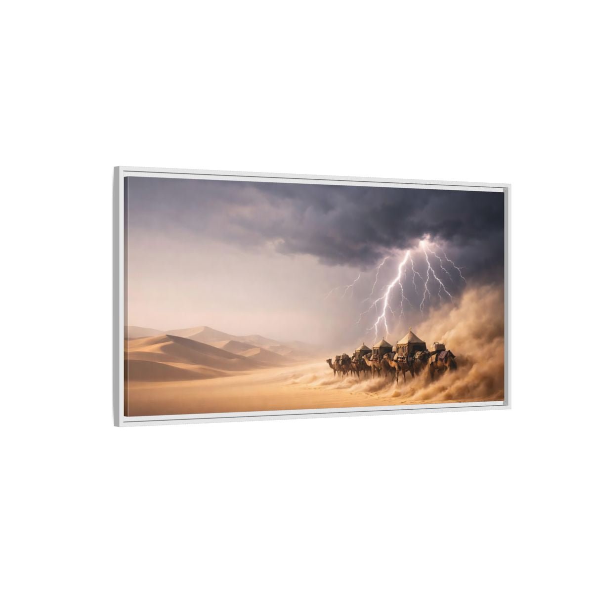 Landscape Nature Camel Caravan Desert Storm - Framed Canvas Wall Art Print - YesArtYes