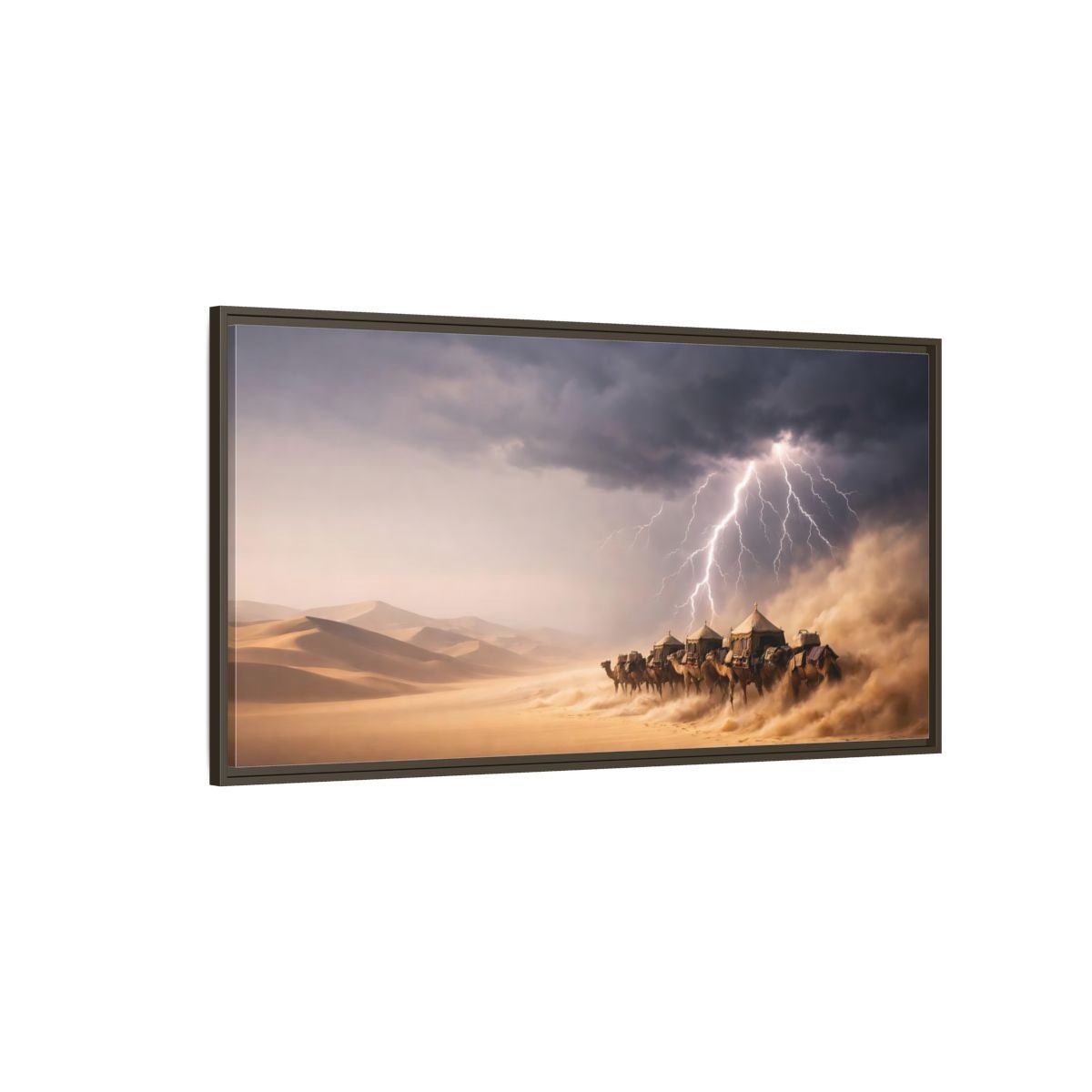 Landscape Nature Camel Caravan Desert Storm - Framed Canvas Wall Art Print - YesArtYes