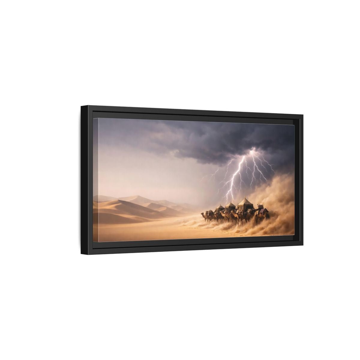 Landscape Nature Camel Caravan Desert Storm - Framed Canvas Wall Art Print - YesArtYes
