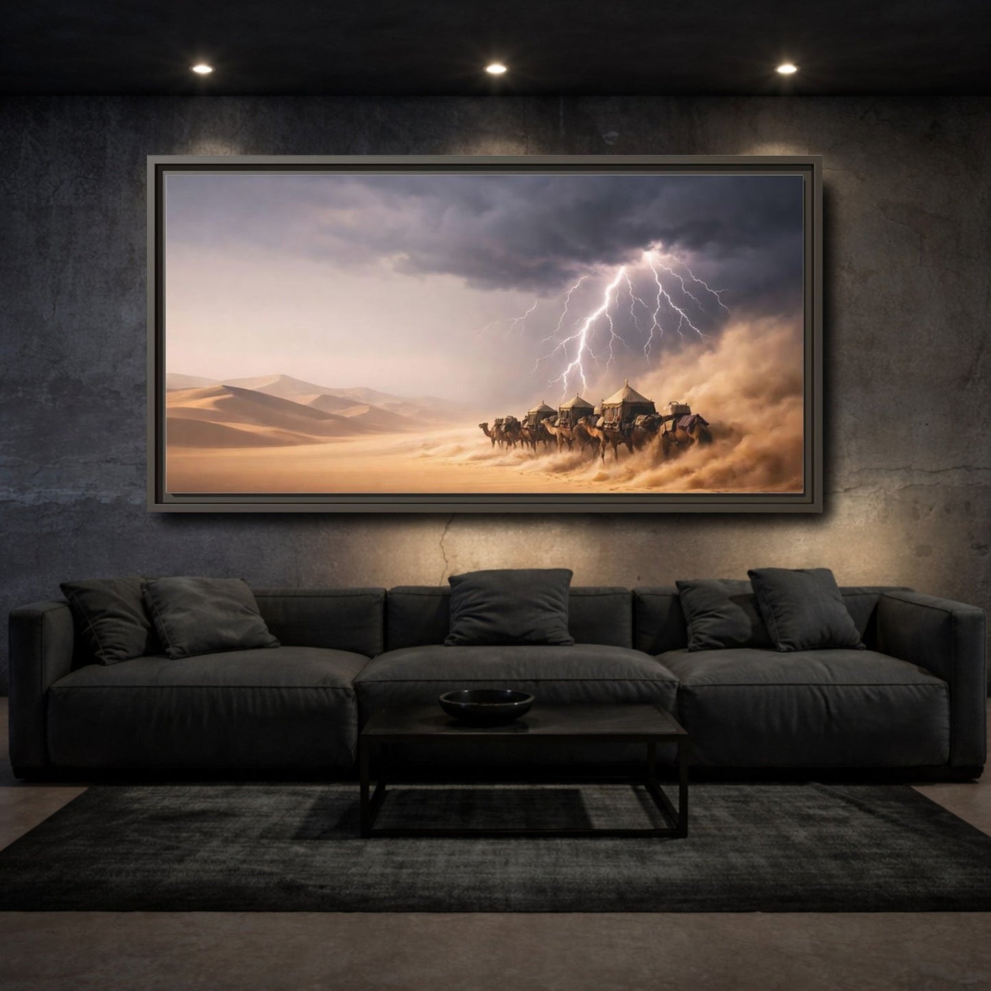 Landscape Nature Camel Caravan Desert Storm - Framed Canvas Wall Art Print - YesArtYes