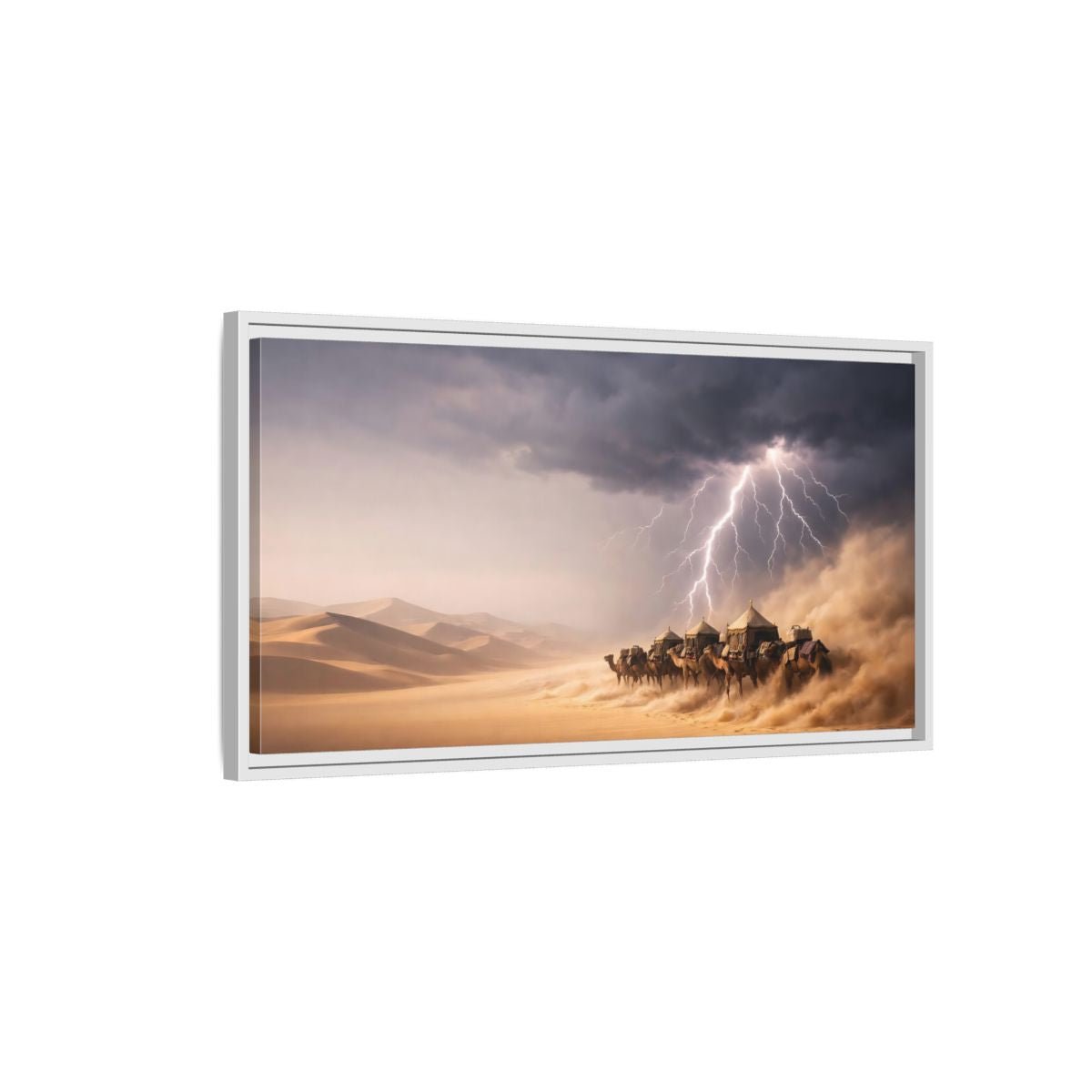 Landscape Nature Camel Caravan Desert Storm - Framed Canvas Wall Art Print - YesArtYes