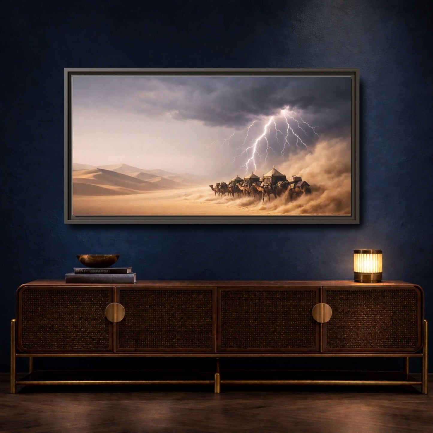 Landscape Nature Camel Caravan Desert Storm - Framed Canvas Wall Art Print - YesArtYes