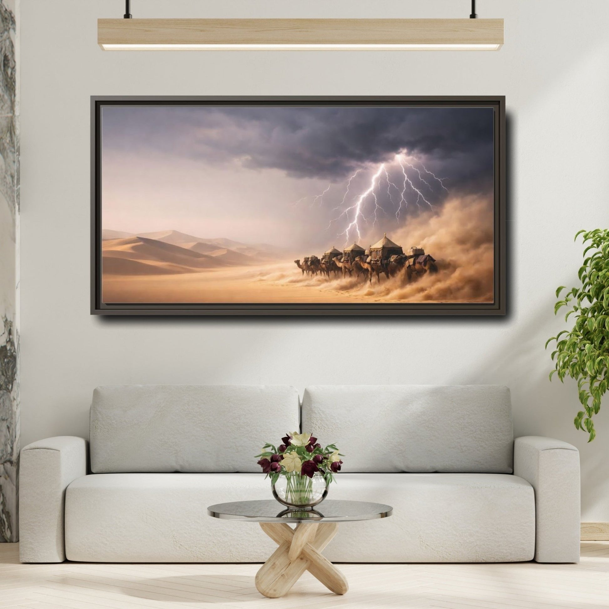 Landscape Nature Camel Caravan Desert Storm - Framed Canvas Wall Art Print - YesArtYes