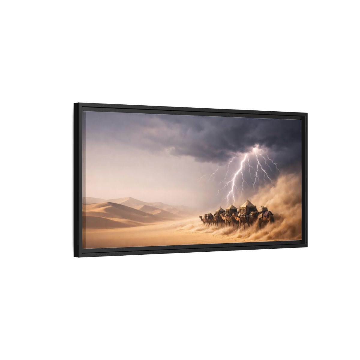 Landscape Nature Camel Caravan Desert Storm - Framed Canvas Wall Art Print - YesArtYes
