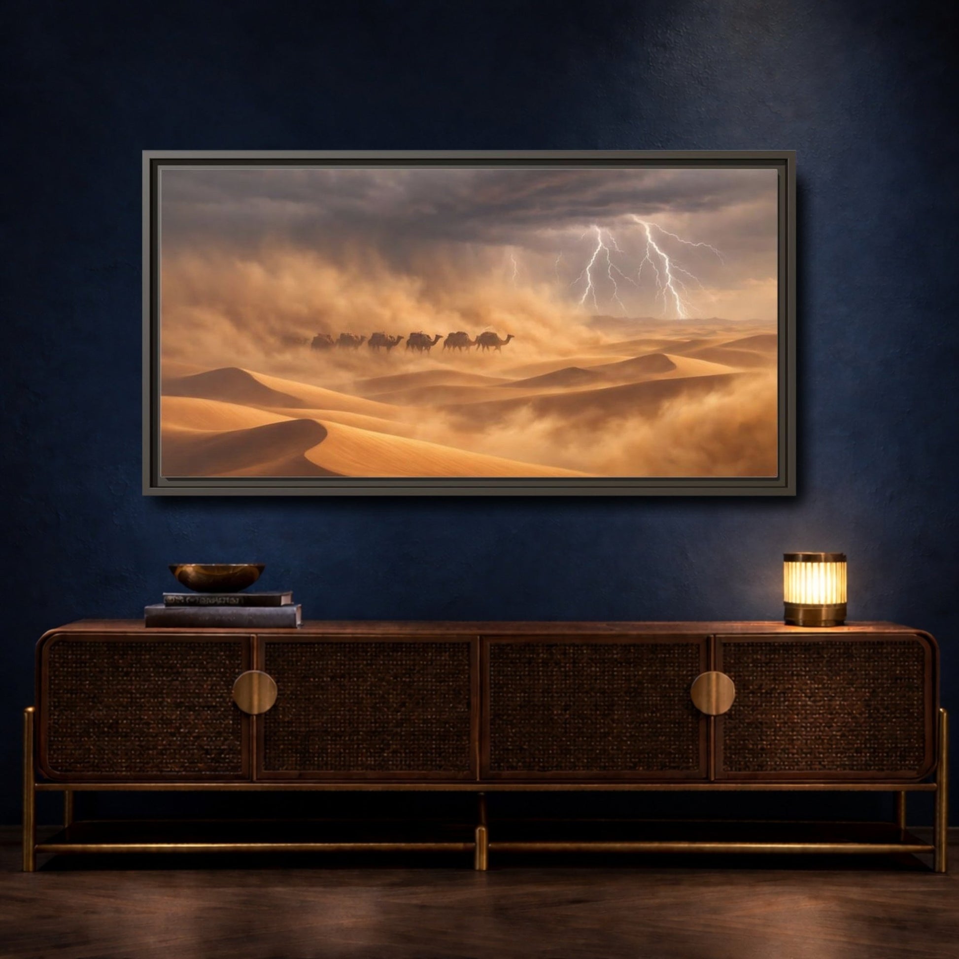 Landscape Nature Camels Desert Storm - Framed Canvas Wall Art Print - YesArtYes
