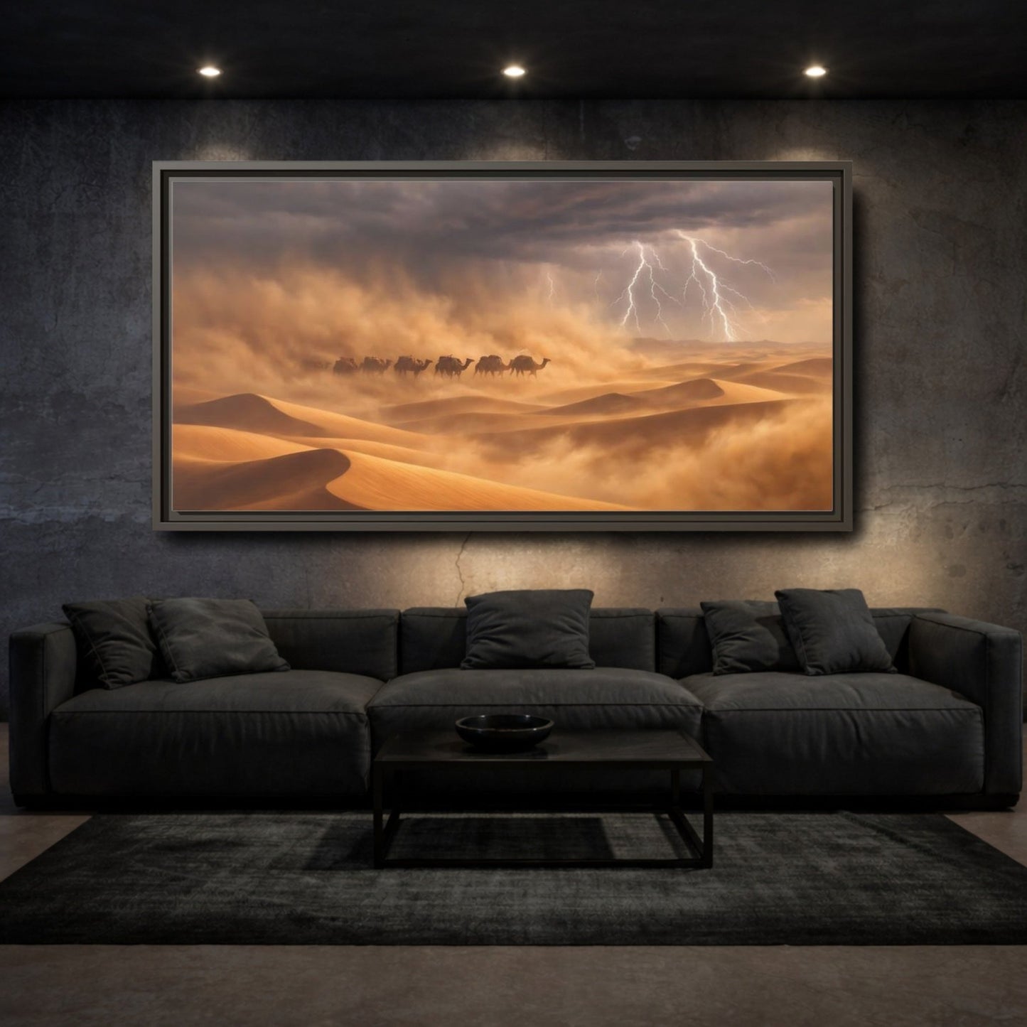 Landscape Nature Camels Desert Storm - Framed Canvas Wall Art Print - YesArtYes