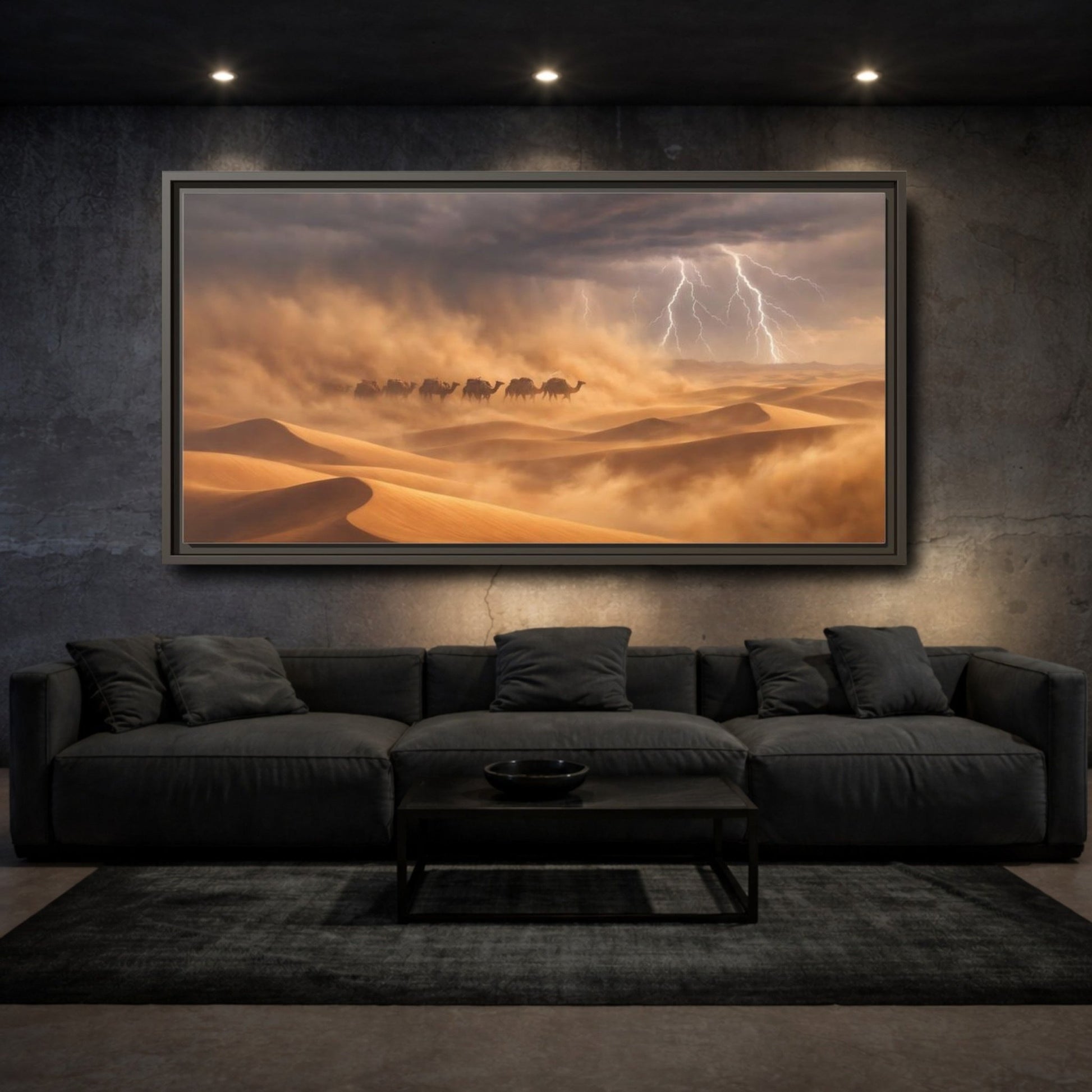 Landscape Nature Camels Desert Storm - Framed Canvas Wall Art Print - YesArtYes