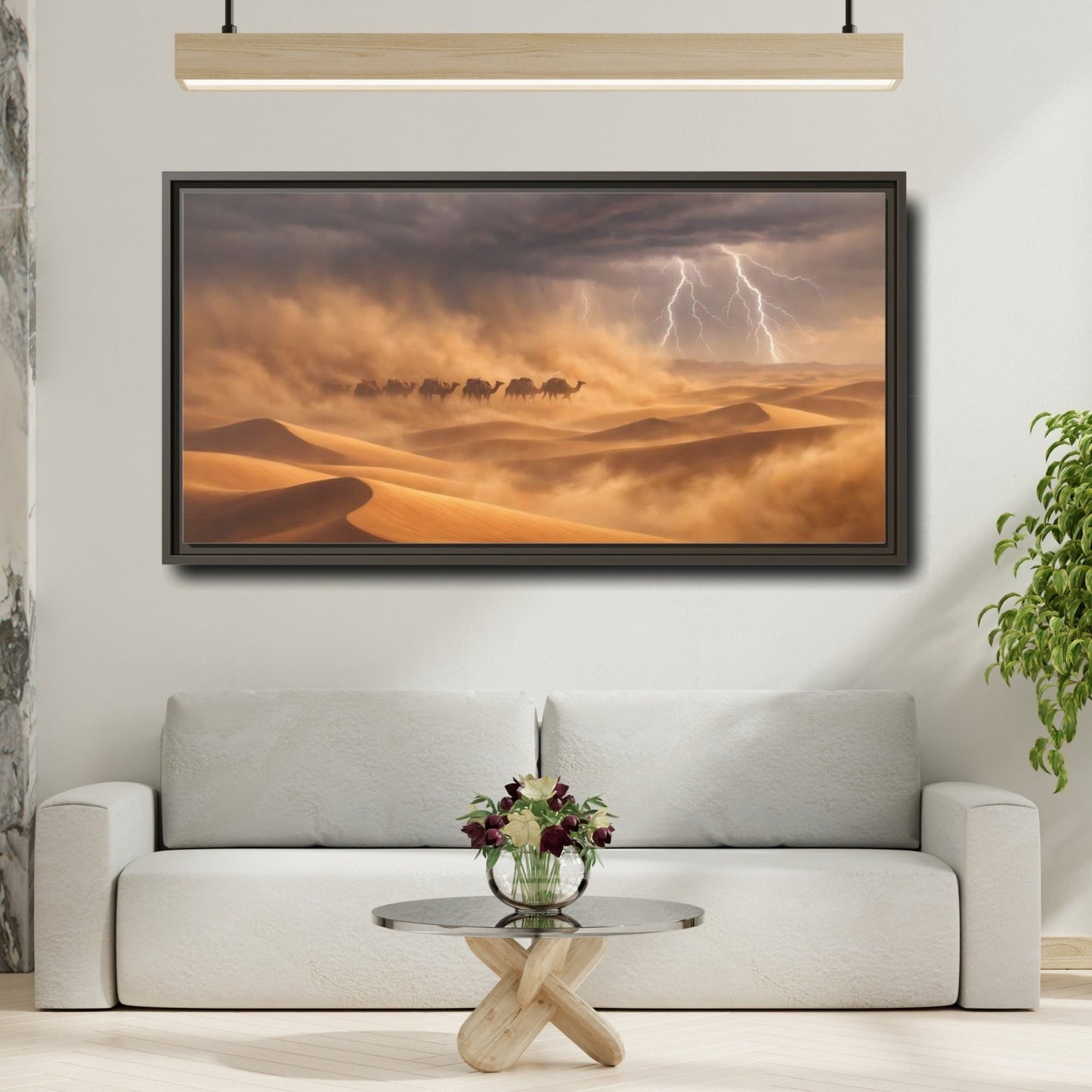 Landscape Nature Camels Desert Storm - Framed Canvas Wall Art Print - YesArtYes