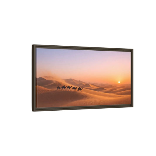 Landscape Nature Camels Orange Desert Sunset - Framed Canvas Wall Art Print - YesArtYes