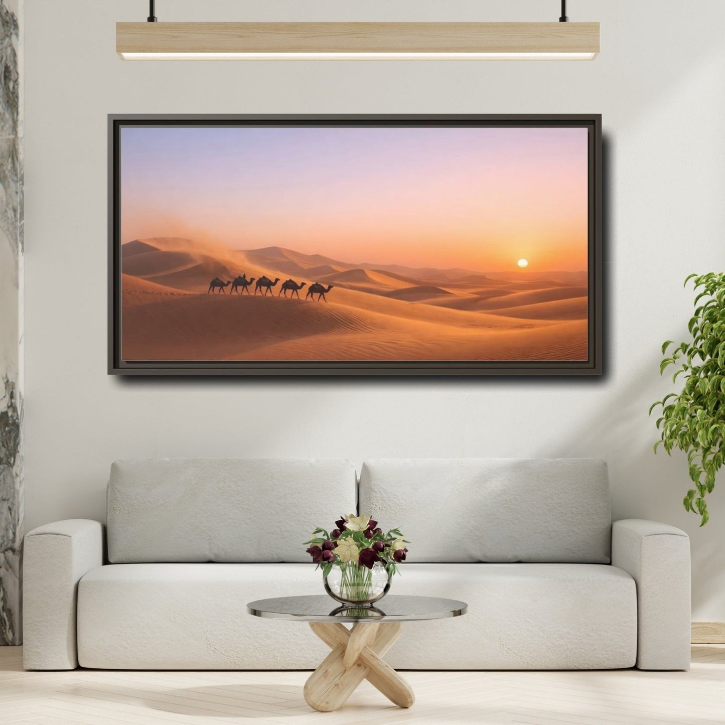 Landscape Nature Camels Orange Desert Sunset - Framed Canvas Wall Art Print - YesArtYes