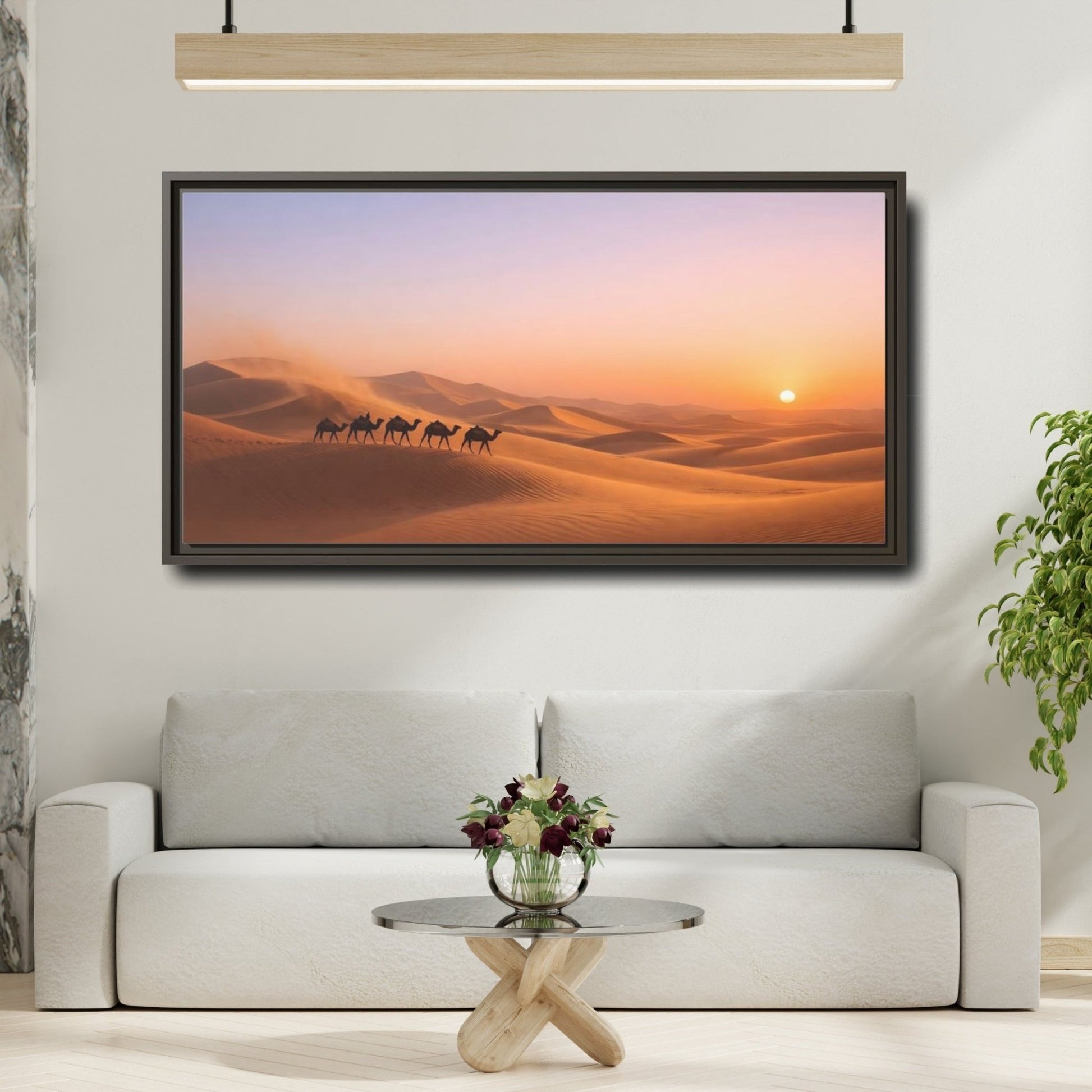 Landscape Nature Camels Orange Desert Sunset - Framed Canvas Wall Art Print - YesArtYes