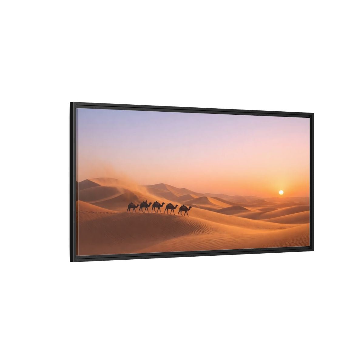 Landscape Nature Camels Orange Desert Sunset - Framed Canvas Wall Art Print - YesArtYes