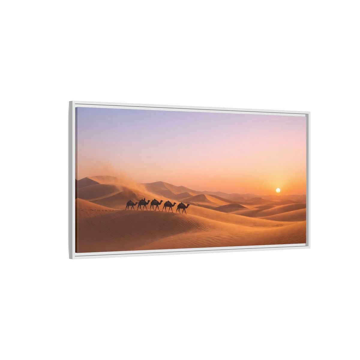 Landscape Nature Camels Orange Desert Sunset - Framed Canvas Wall Art Print - YesArtYes