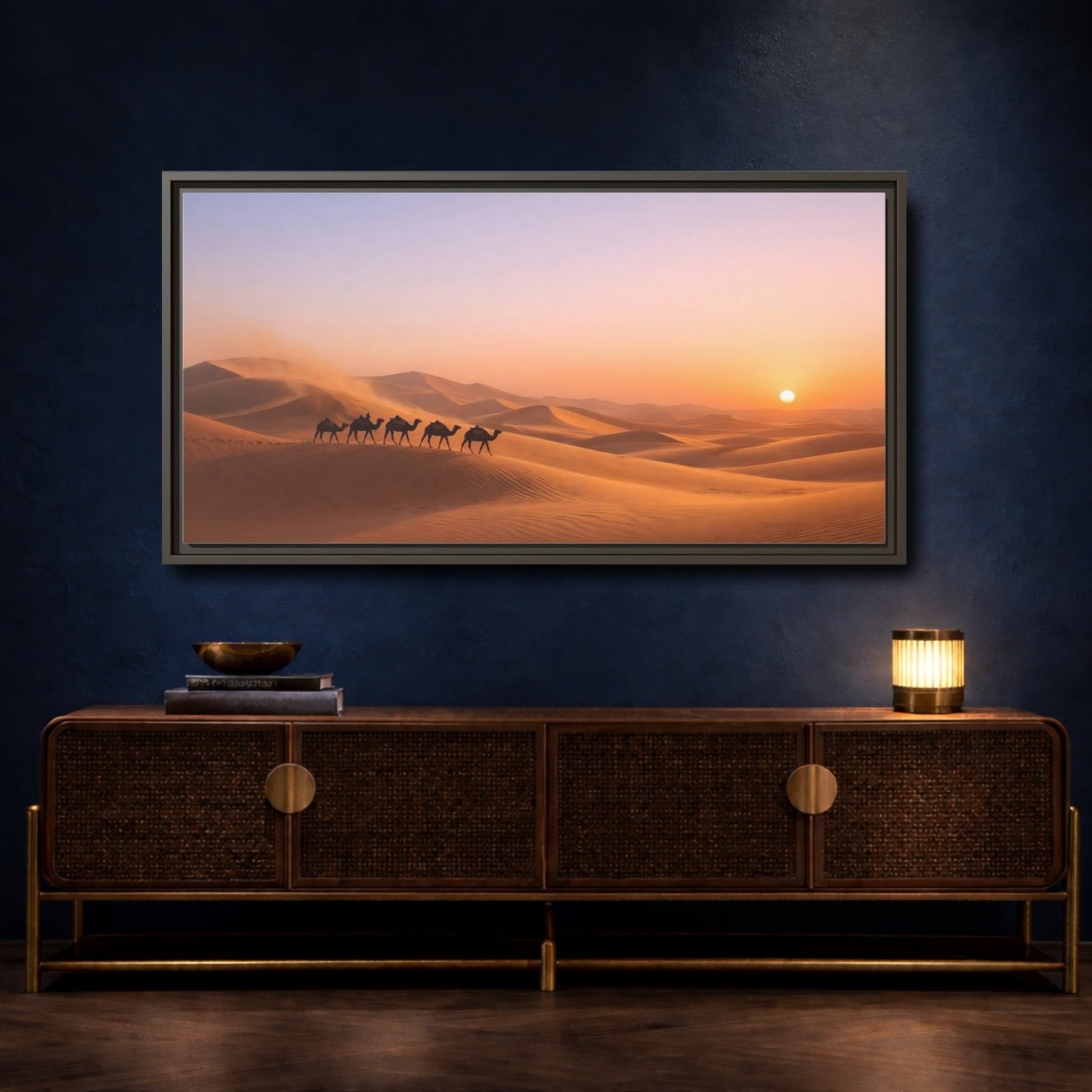 Landscape Nature Camels Orange Desert Sunset - Framed Canvas Wall Art Print - YesArtYes