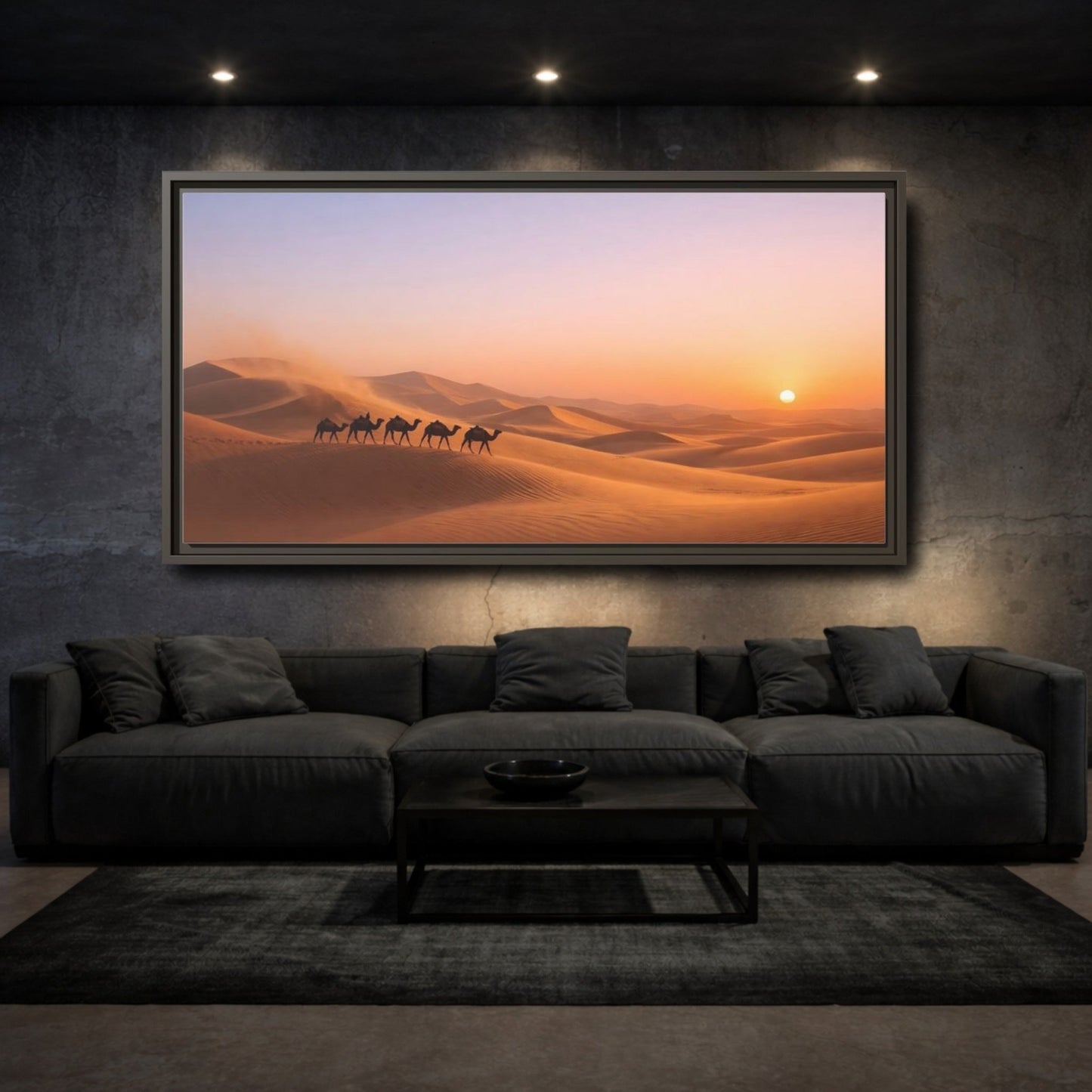 Landscape Nature Camels Orange Desert Sunset - Framed Canvas Wall Art Print - YesArtYes