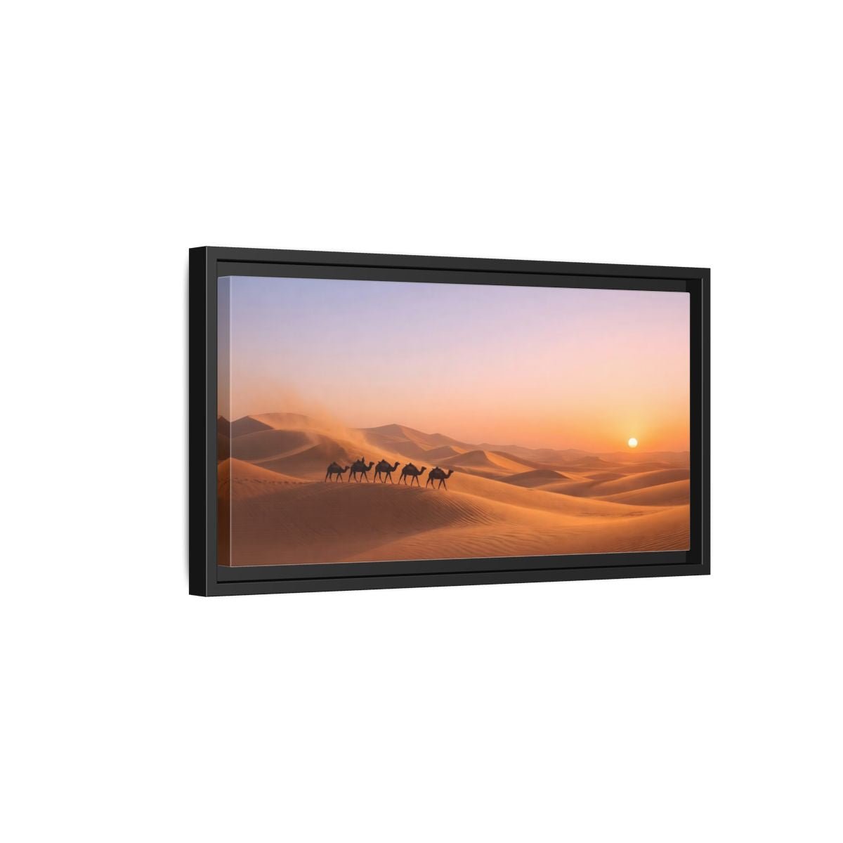 Landscape Nature Camels Orange Desert Sunset - Framed Canvas Wall Art Print - YesArtYes