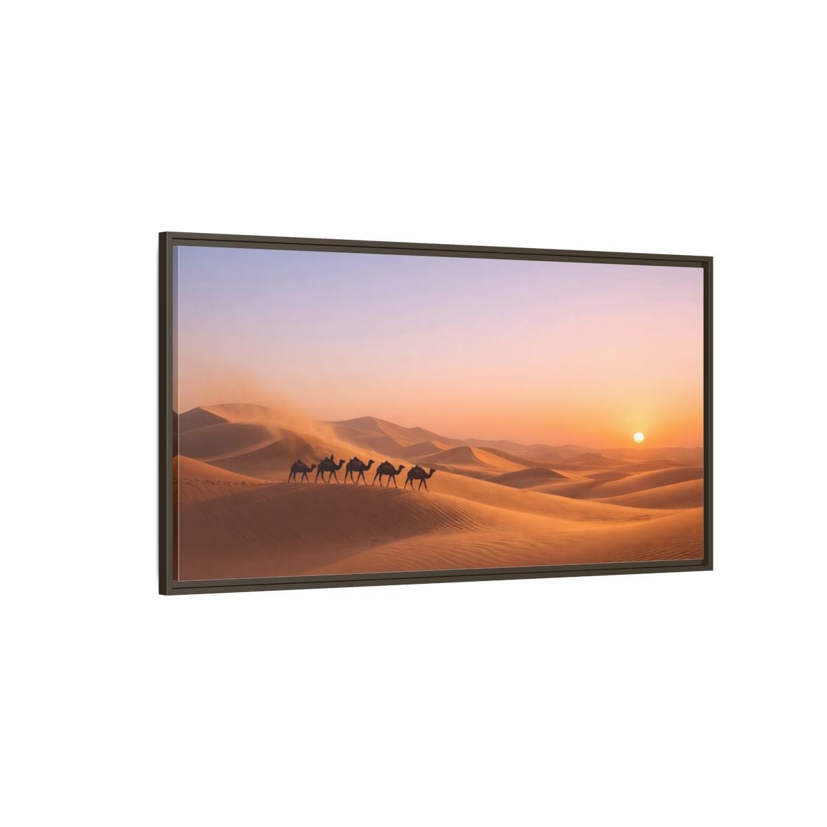 Landscape Nature Camels Orange Desert Sunset - Framed Canvas Wall Art Print - YesArtYes