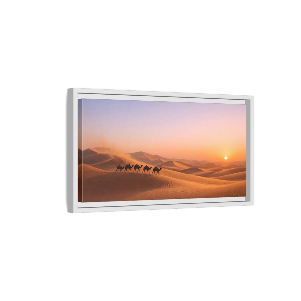 Landscape Nature Camels Orange Desert Sunset - Framed Canvas Wall Art Print - YesArtYes