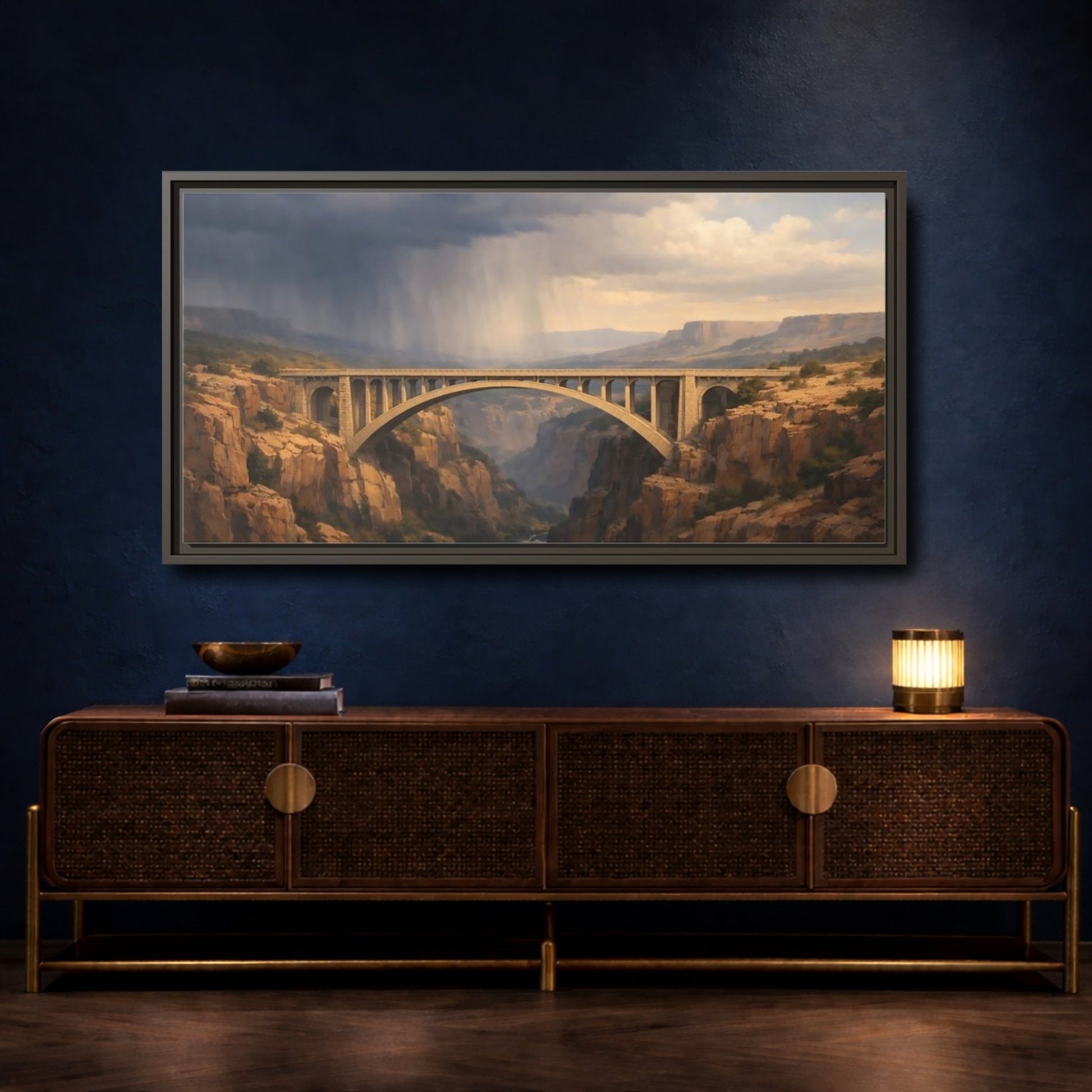 Landscape Nature Canyon Bridge Brown And - Framed Canvas Wall Art Print - YesArtYes