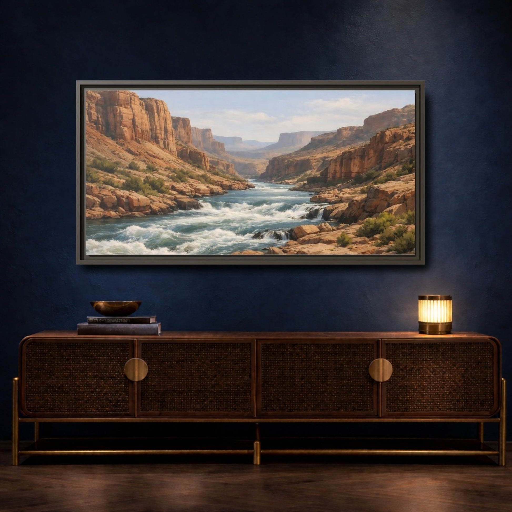 Landscape Nature Canyon River Brown And - Framed Canvas Wall Art Print - YesArtYes