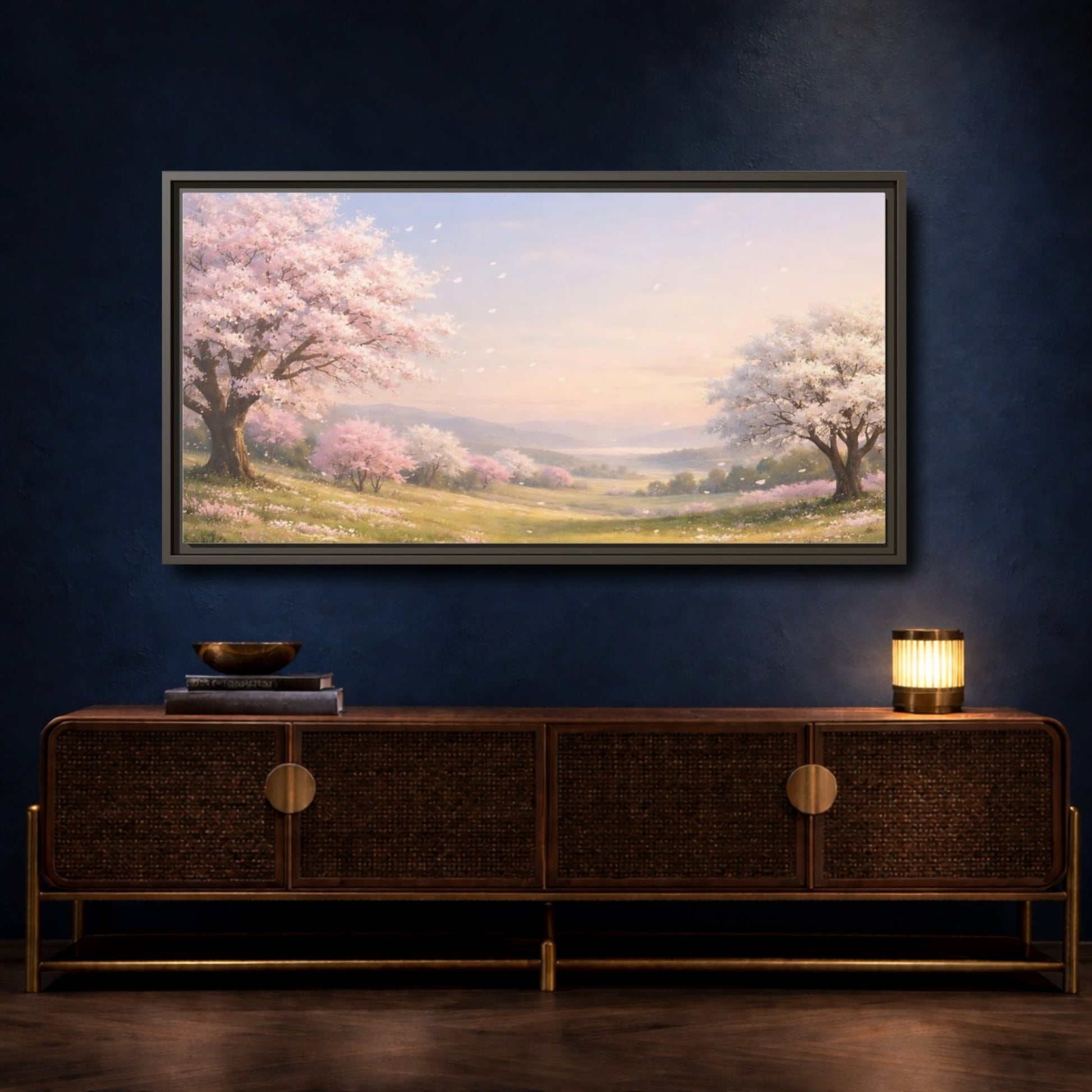 Landscape Nature Cherry Blossoms Pink - Framed Canvas Wall Art Print - YesArtYes