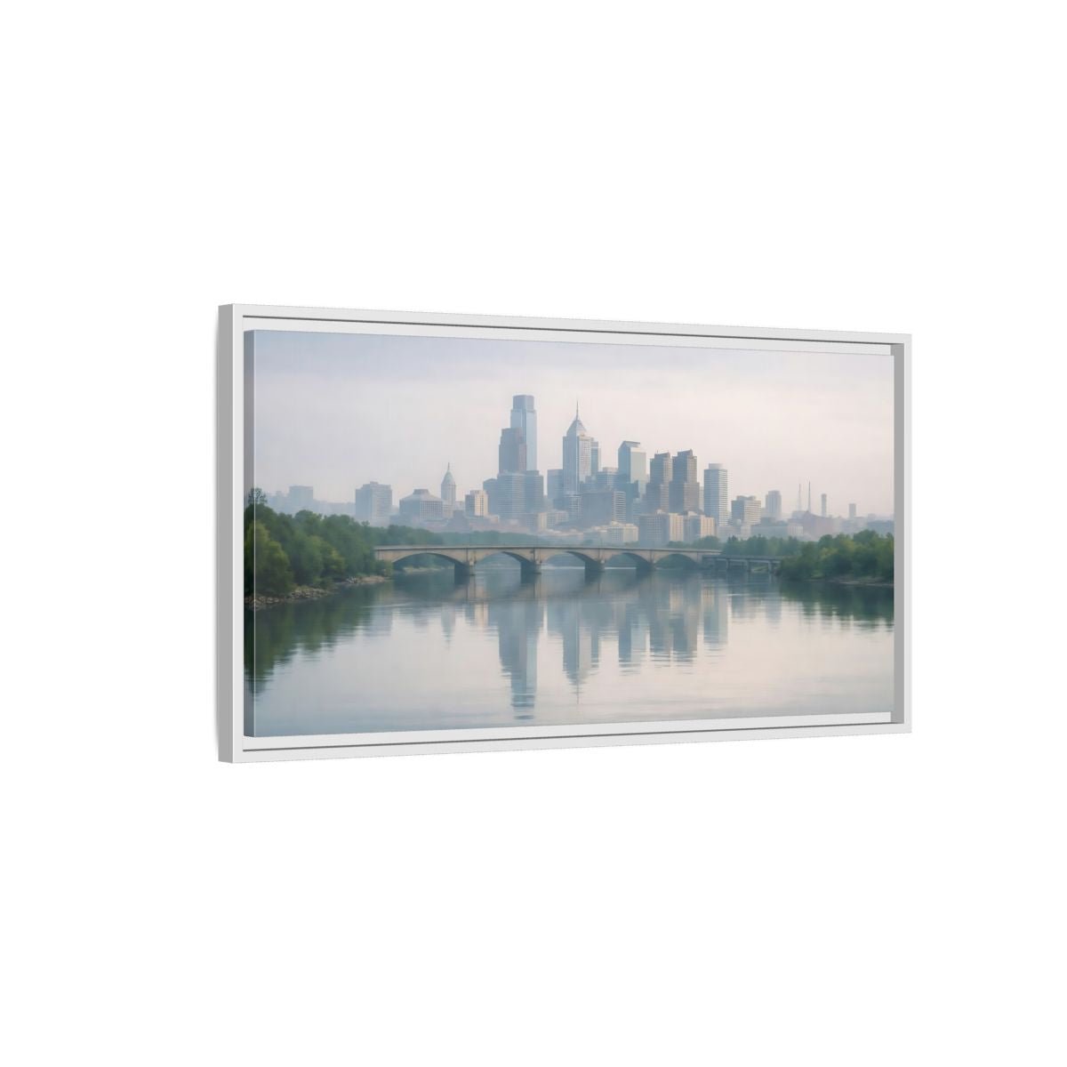 Landscape Nature City Skyline Blue Gray - Framed Canvas Wall Art Print - YesArtYes