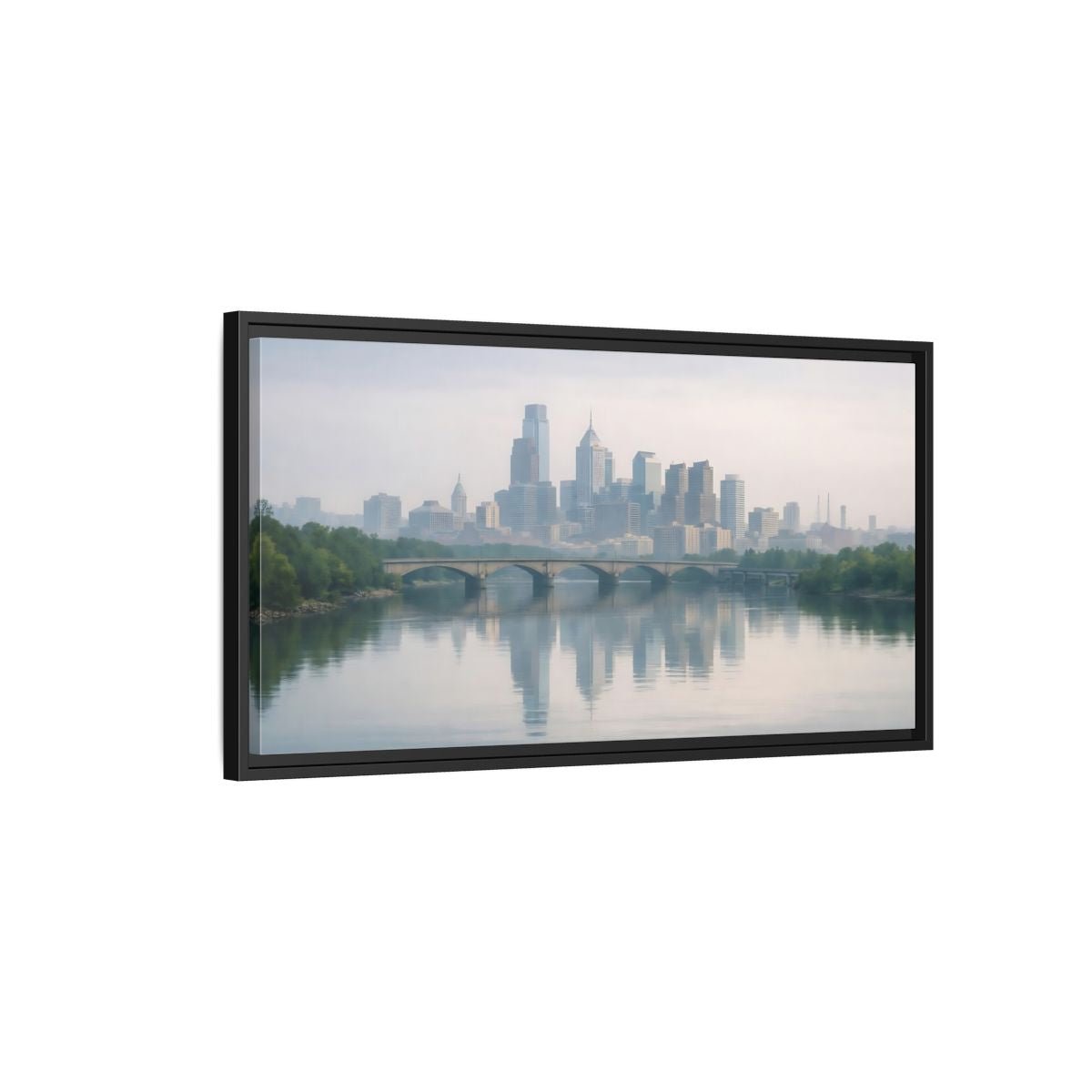 Landscape Nature City Skyline Blue Gray - Framed Canvas Wall Art Print - YesArtYes