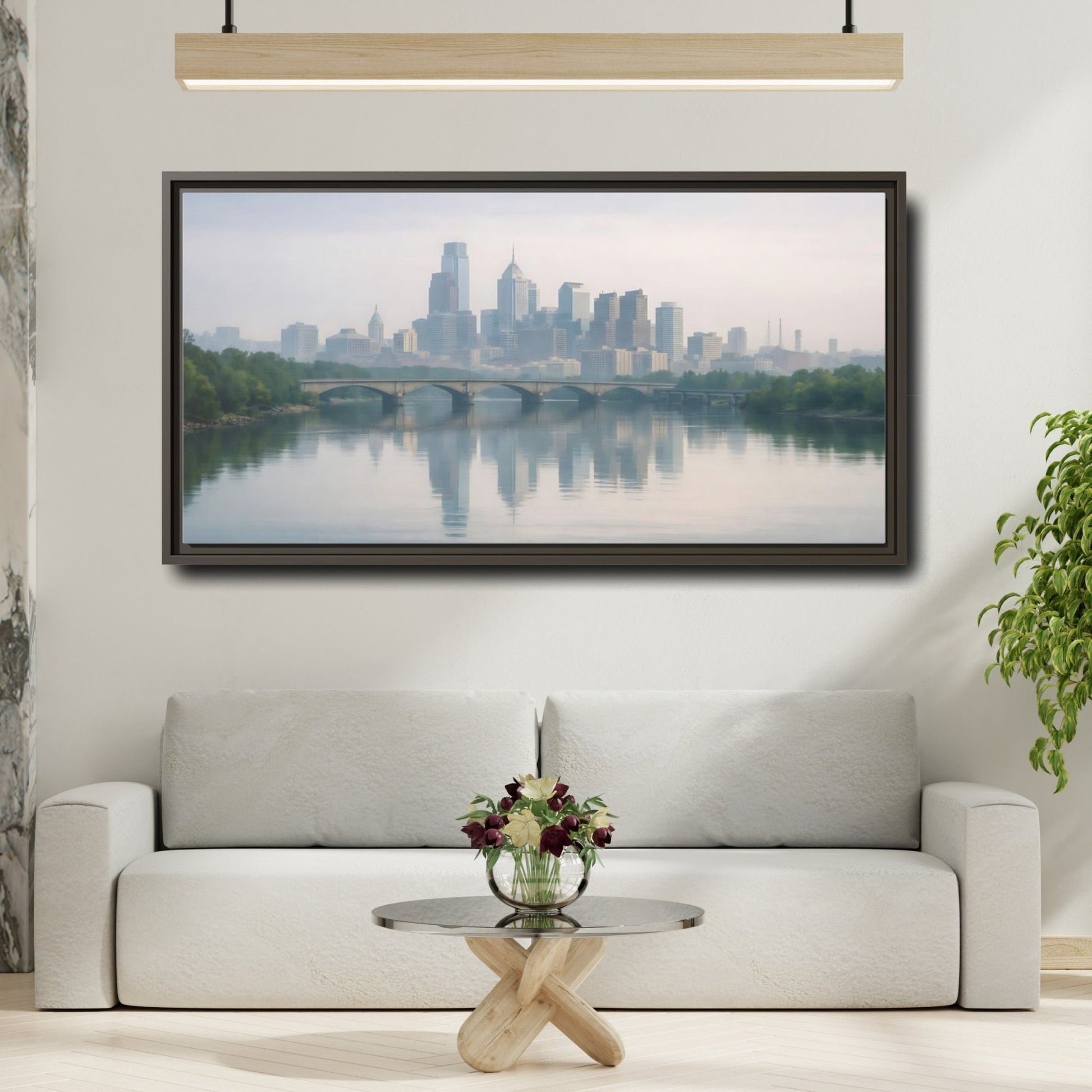 Landscape Nature City Skyline Blue Gray - Framed Canvas Wall Art Print - YesArtYes
