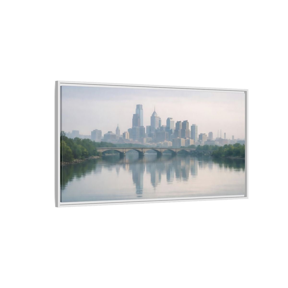 Landscape Nature City Skyline Blue Gray - Framed Canvas Wall Art Print - YesArtYes