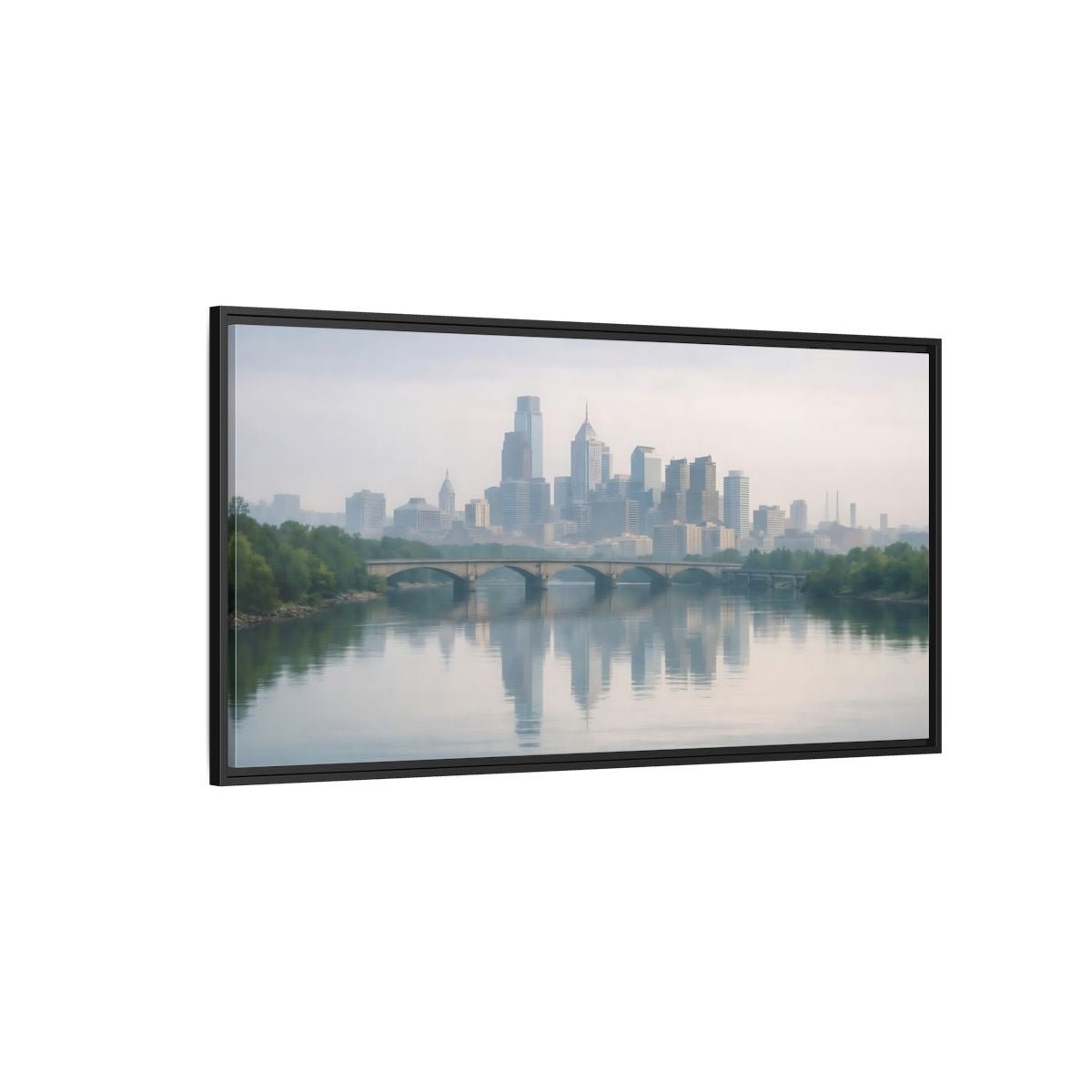 Landscape Nature City Skyline Blue Gray - Framed Canvas Wall Art Print - YesArtYes