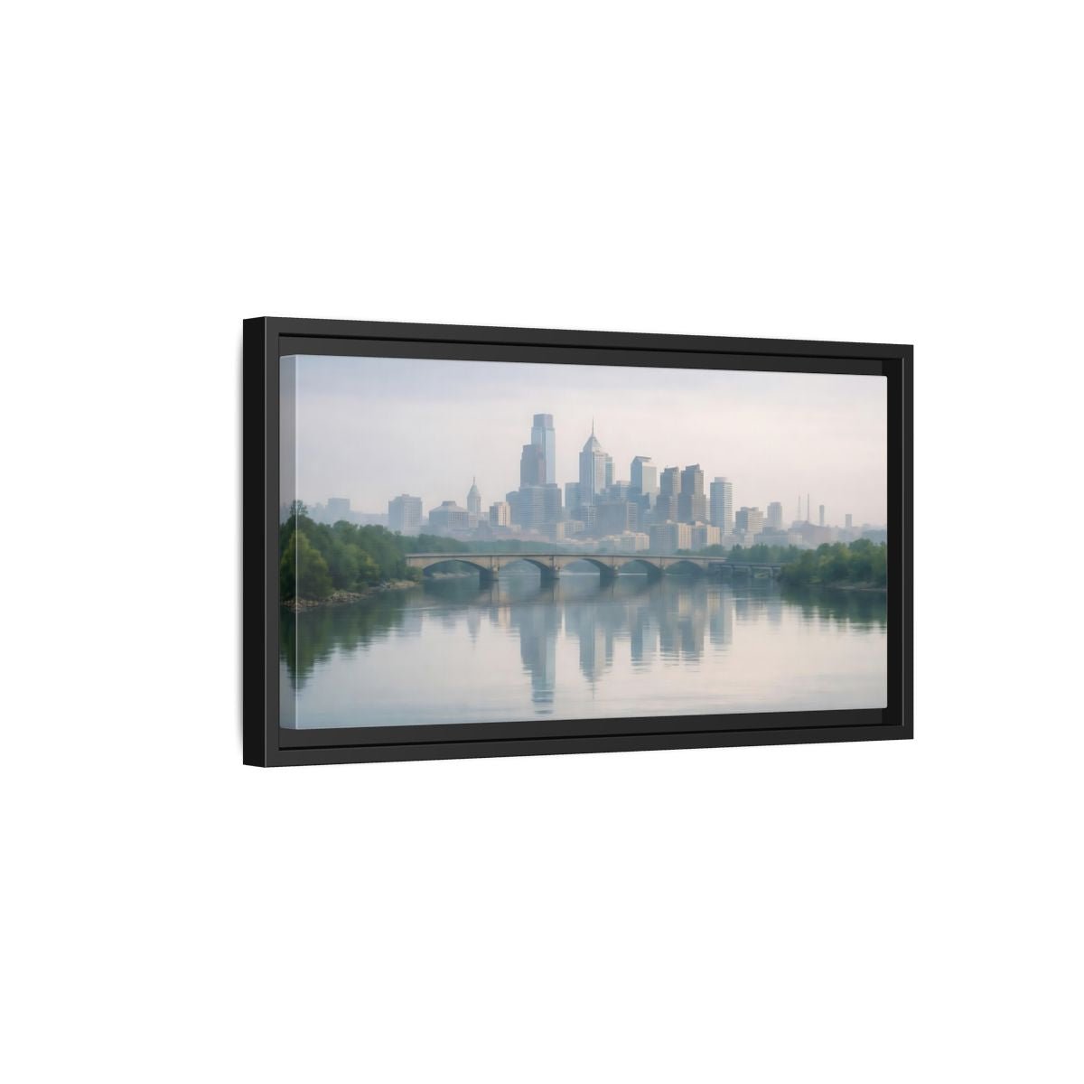 Landscape Nature City Skyline Blue Gray - Framed Canvas Wall Art Print - YesArtYes