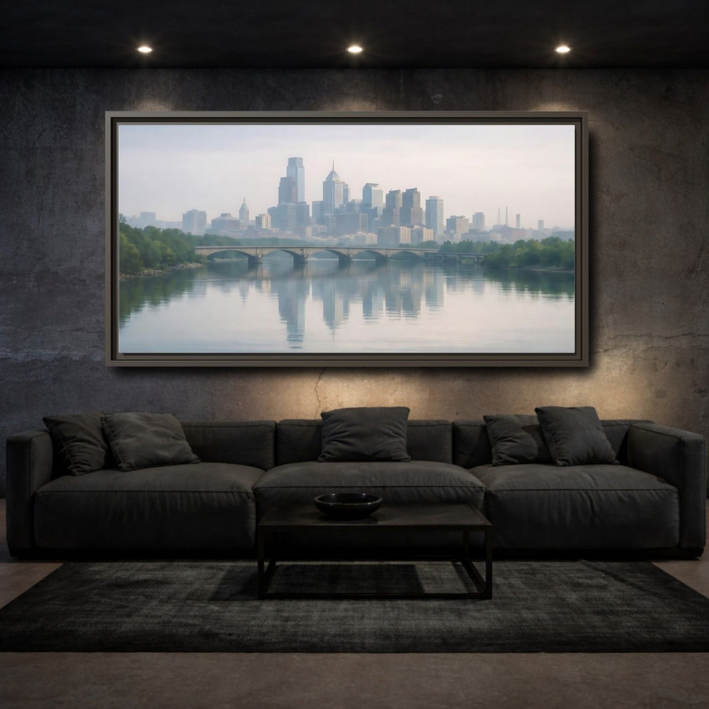 Landscape Nature City Skyline Blue Gray - Framed Canvas Wall Art Print - YesArtYes