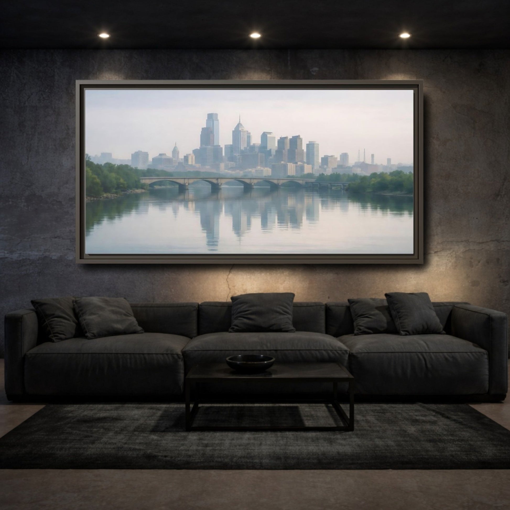 Landscape Nature City Skyline Blue Gray - Framed Canvas Wall Art Print - YesArtYes
