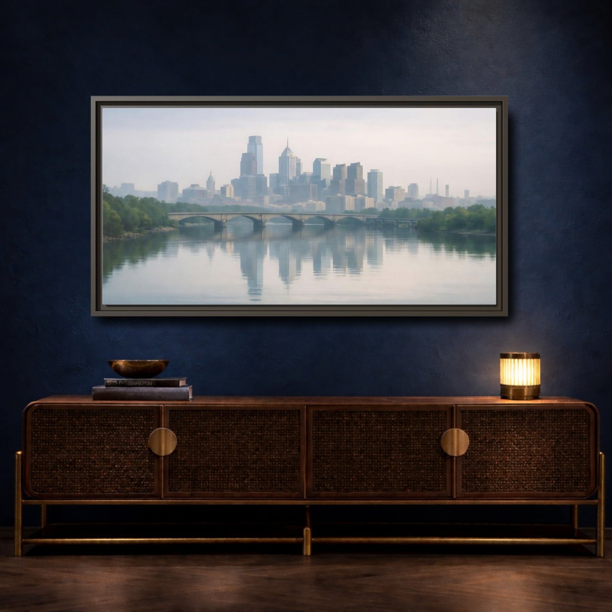 Landscape Nature City Skyline Blue Gray - Framed Canvas Wall Art Print - YesArtYes