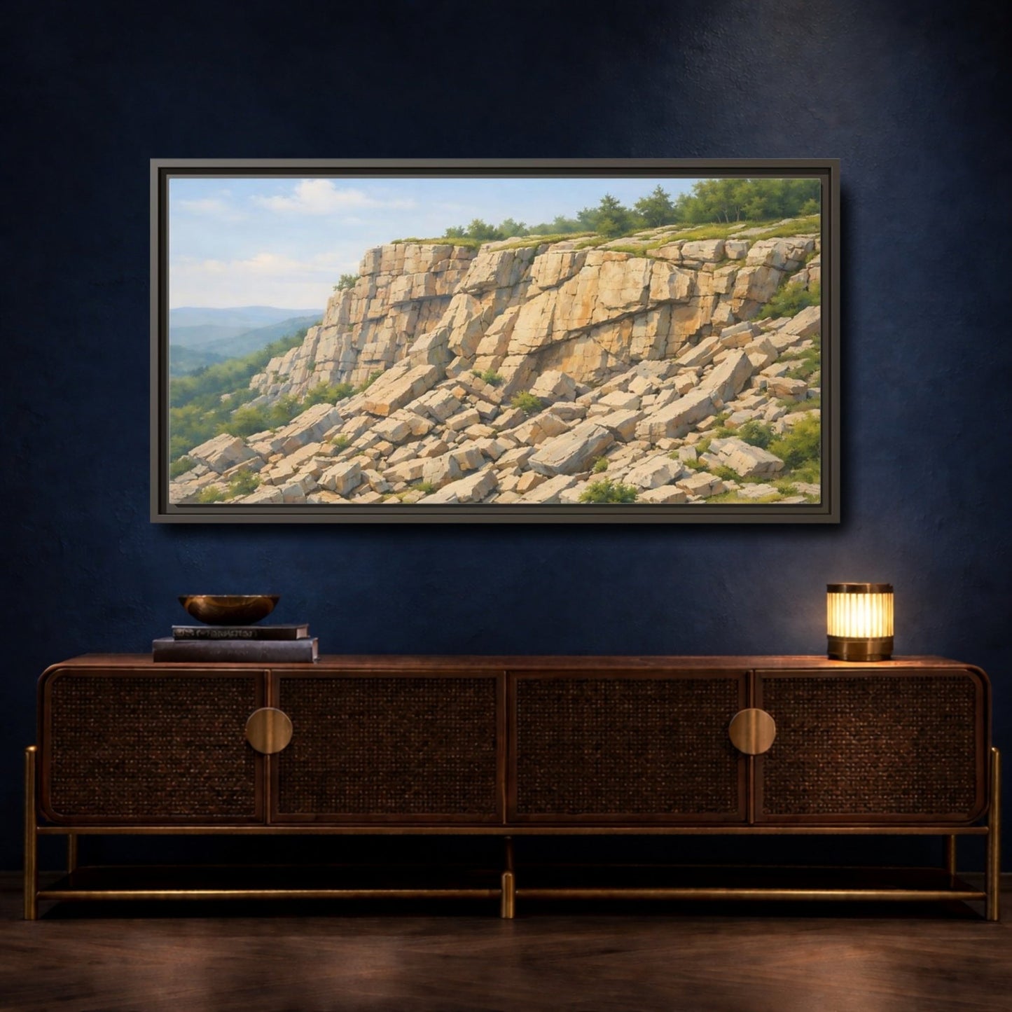 Landscape Nature Cliff Beige And Green - Framed Canvas Wall Art Print - YesArtYes
