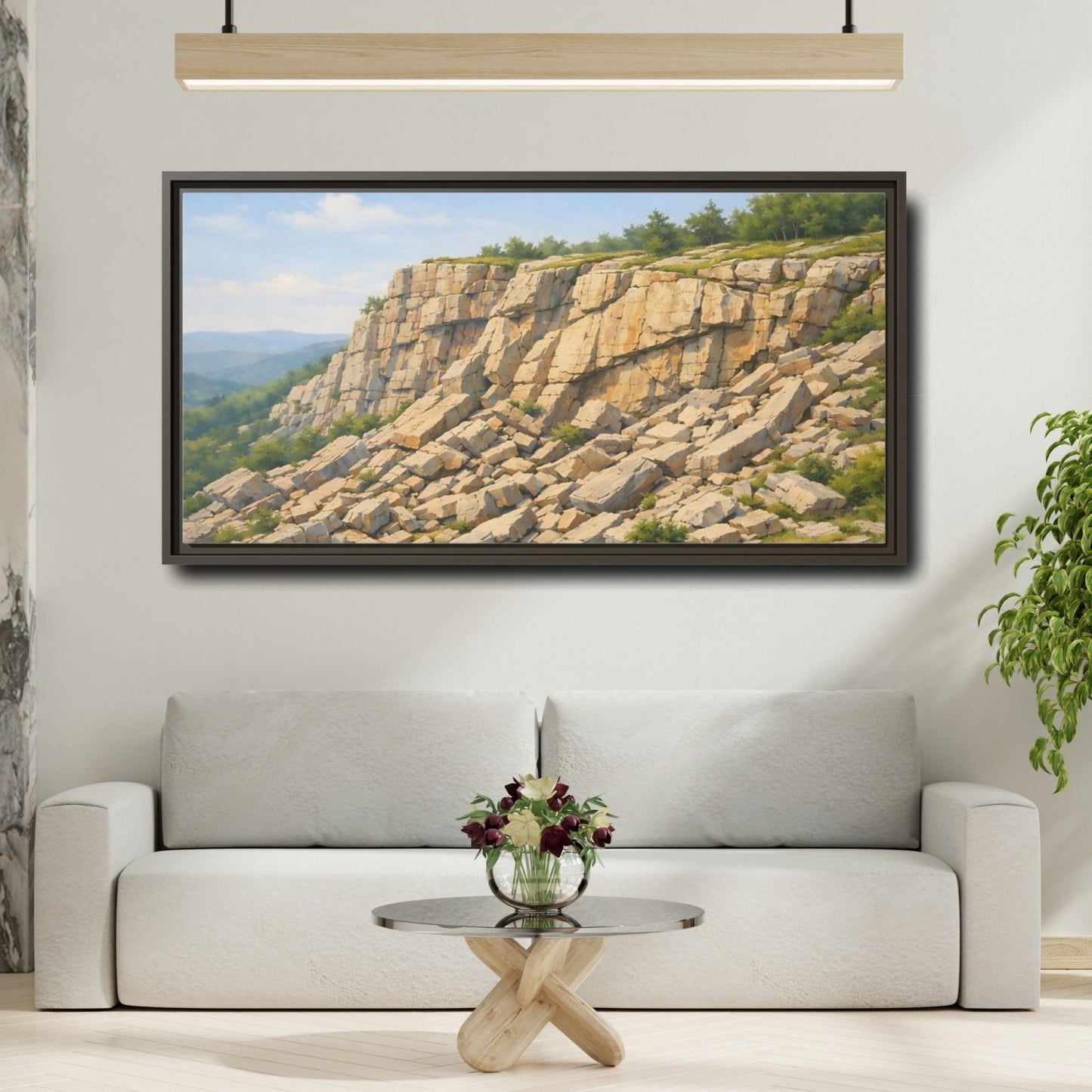 Landscape Nature Cliff Beige And Green - Framed Canvas Wall Art Print - YesArtYes