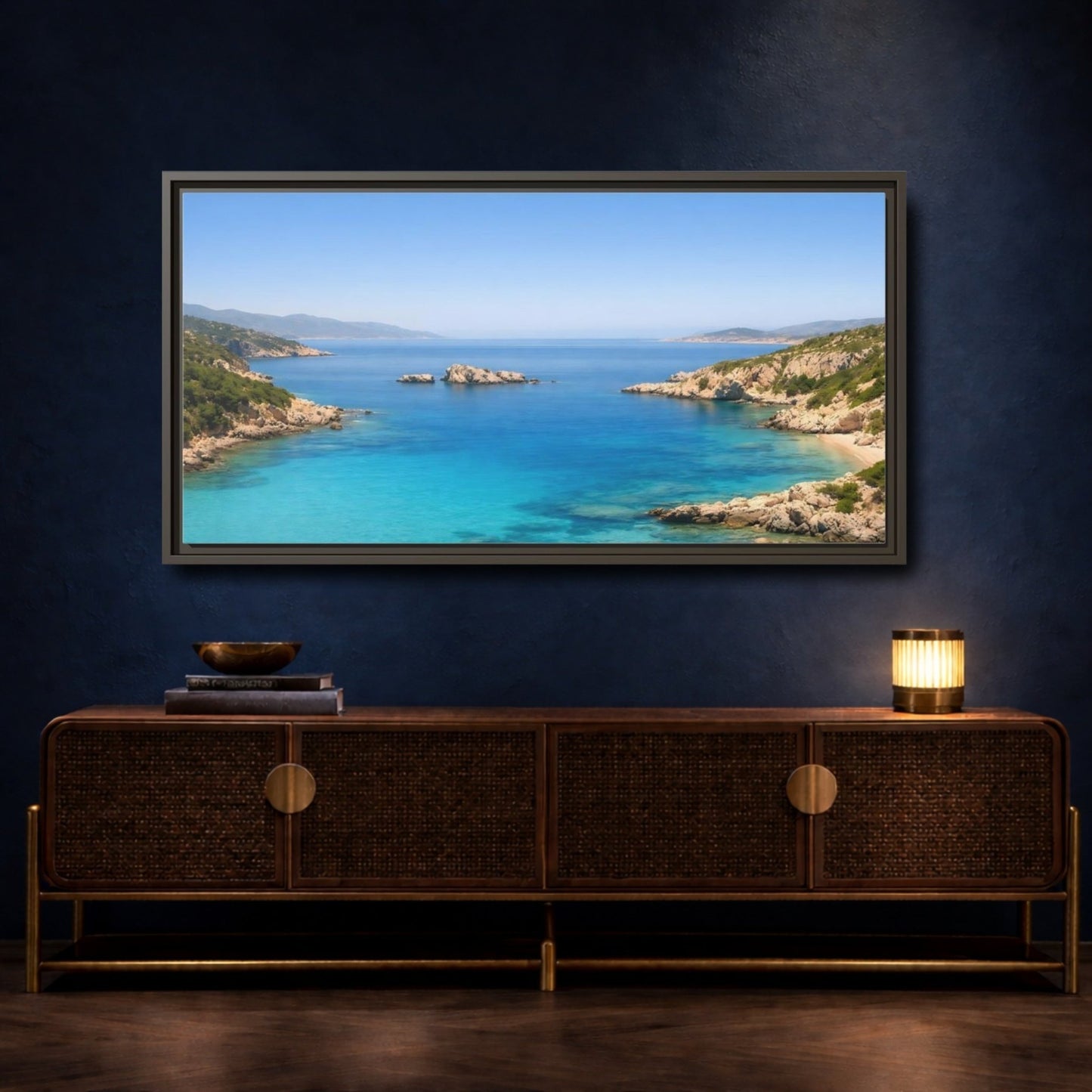 Landscape Nature Coastal Bay Blue Ocean - Framed Canvas Wall Art Print - YesArtYes
