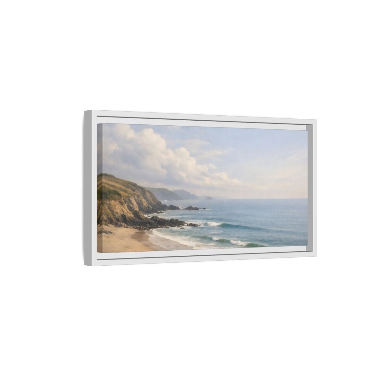 Landscape Nature Coastal Beach Blue And - Framed Canvas Wall Art Print - YesArtYes