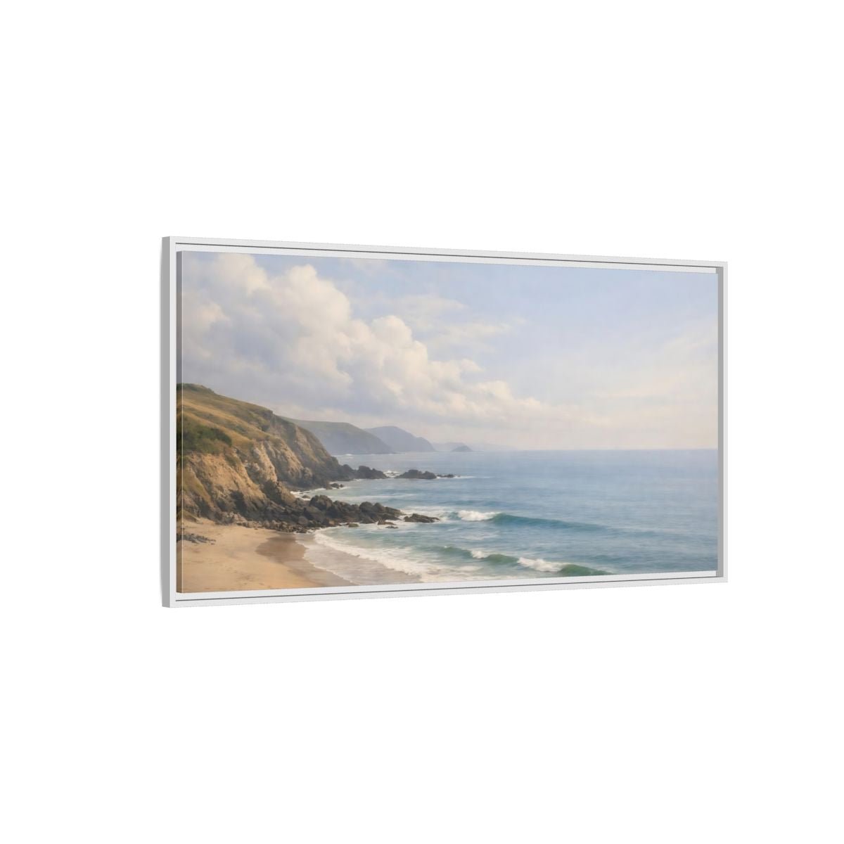 Landscape Nature Coastal Beach Blue And - Framed Canvas Wall Art Print - YesArtYes